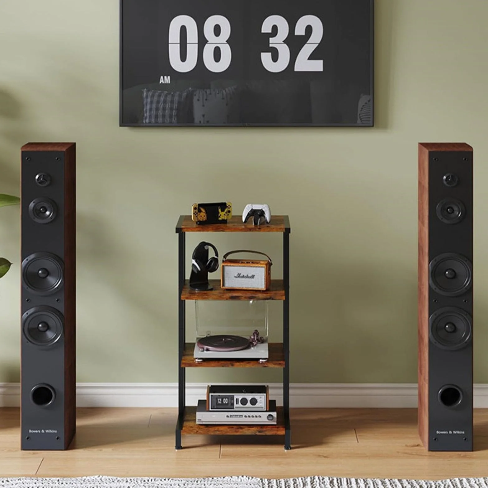 W&H Estante HiFi de madera de 4 niveles, soporte para tocadiscos para álbumes y discos, estantes y soportes estéreo con compartimentos de almacenamiento para reproductores de DVD decodificadores de TV