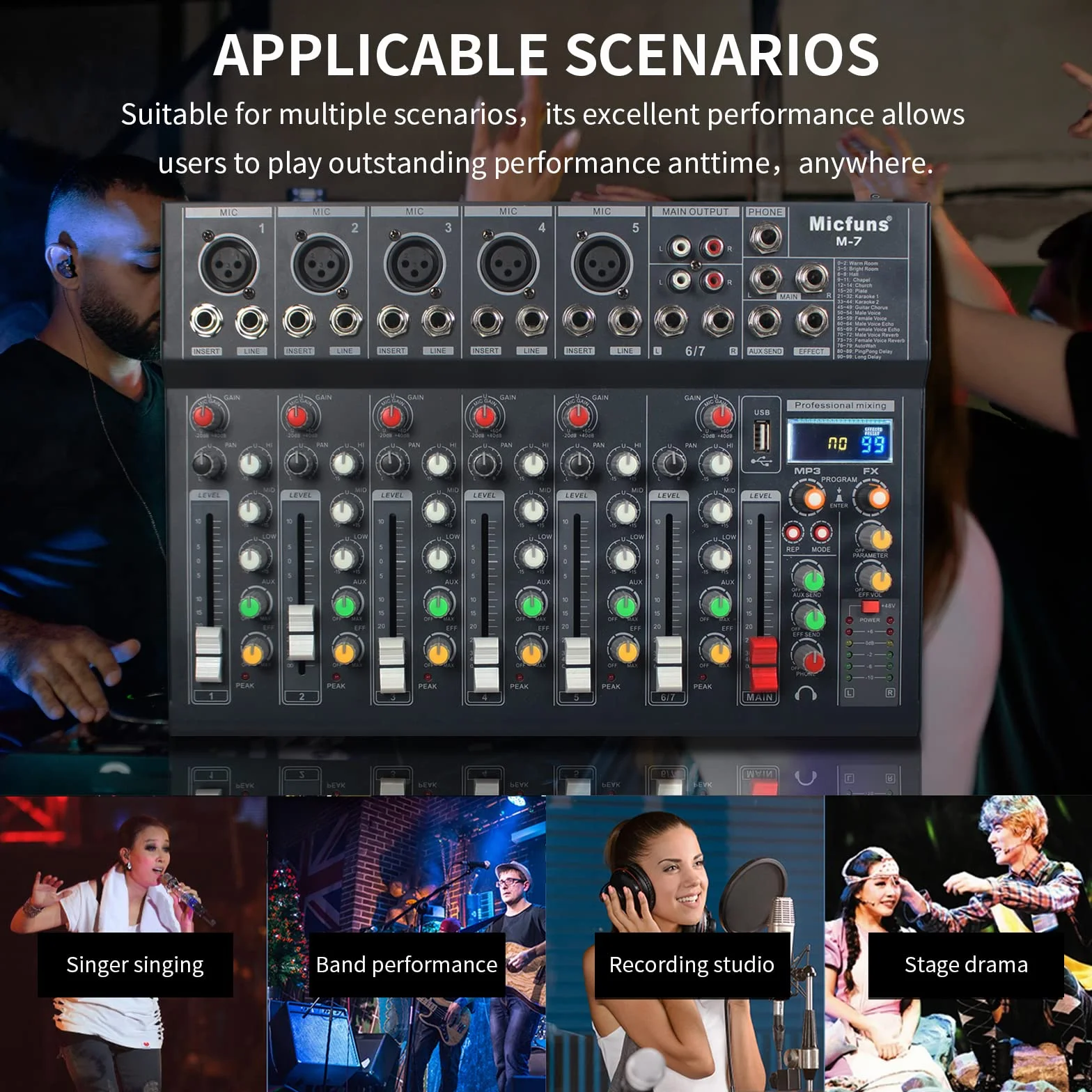 M7 - Mezcladores de grabación sin alimentación de 5 V con 99DSP, MP3, USB, DJ, Bluetooth, consola mezcladora de audio de 48 V, tablas de mezcla de bandas de 7 canales para grabación de estudio