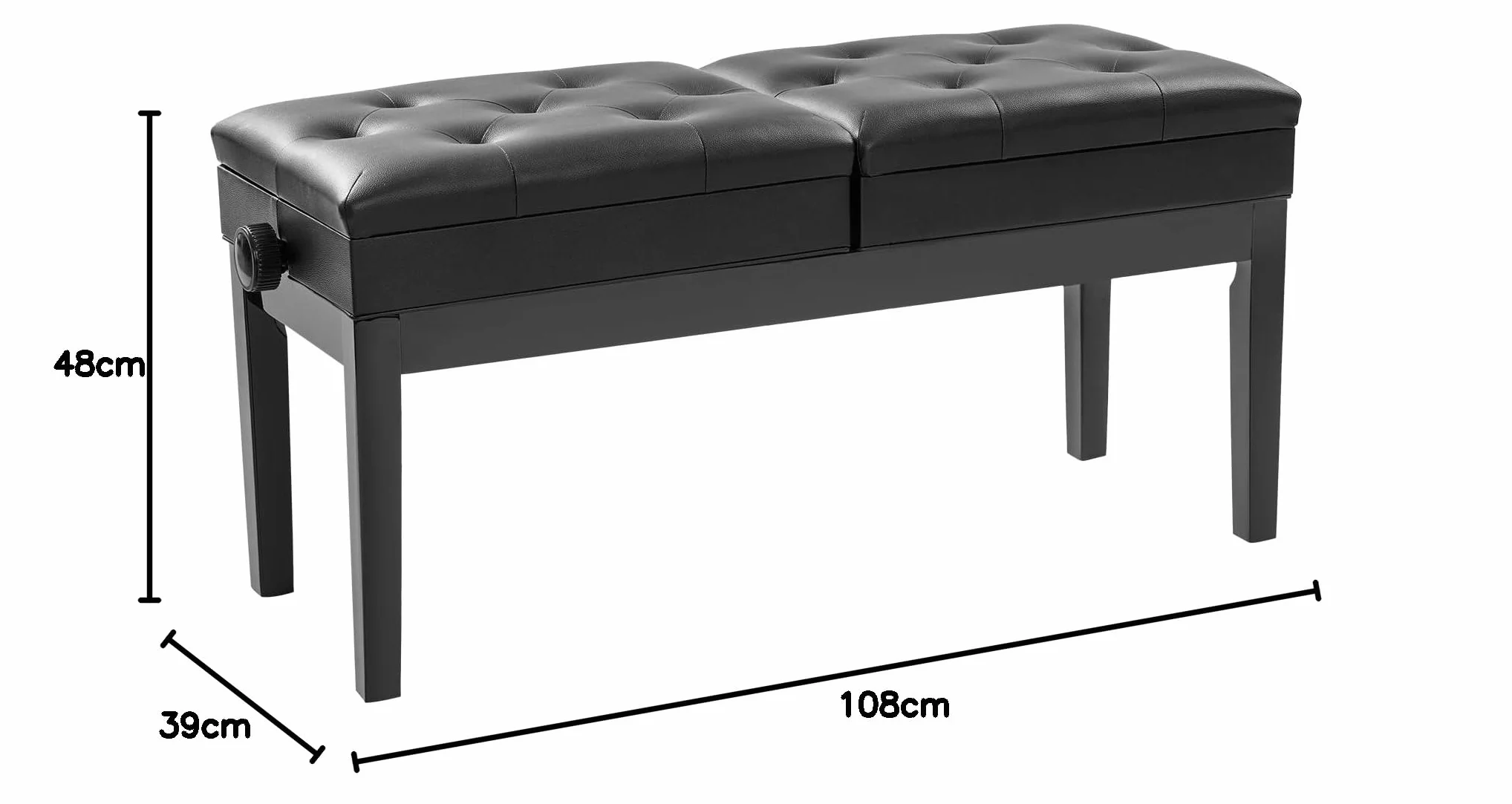 Banco de piano de doble plaza, 108 x 39 x 48 cm, altura regulable para 2 personas, soporta 200 kg, silla de piano con espacio para el hogar, escuelas, conciertos (negro)