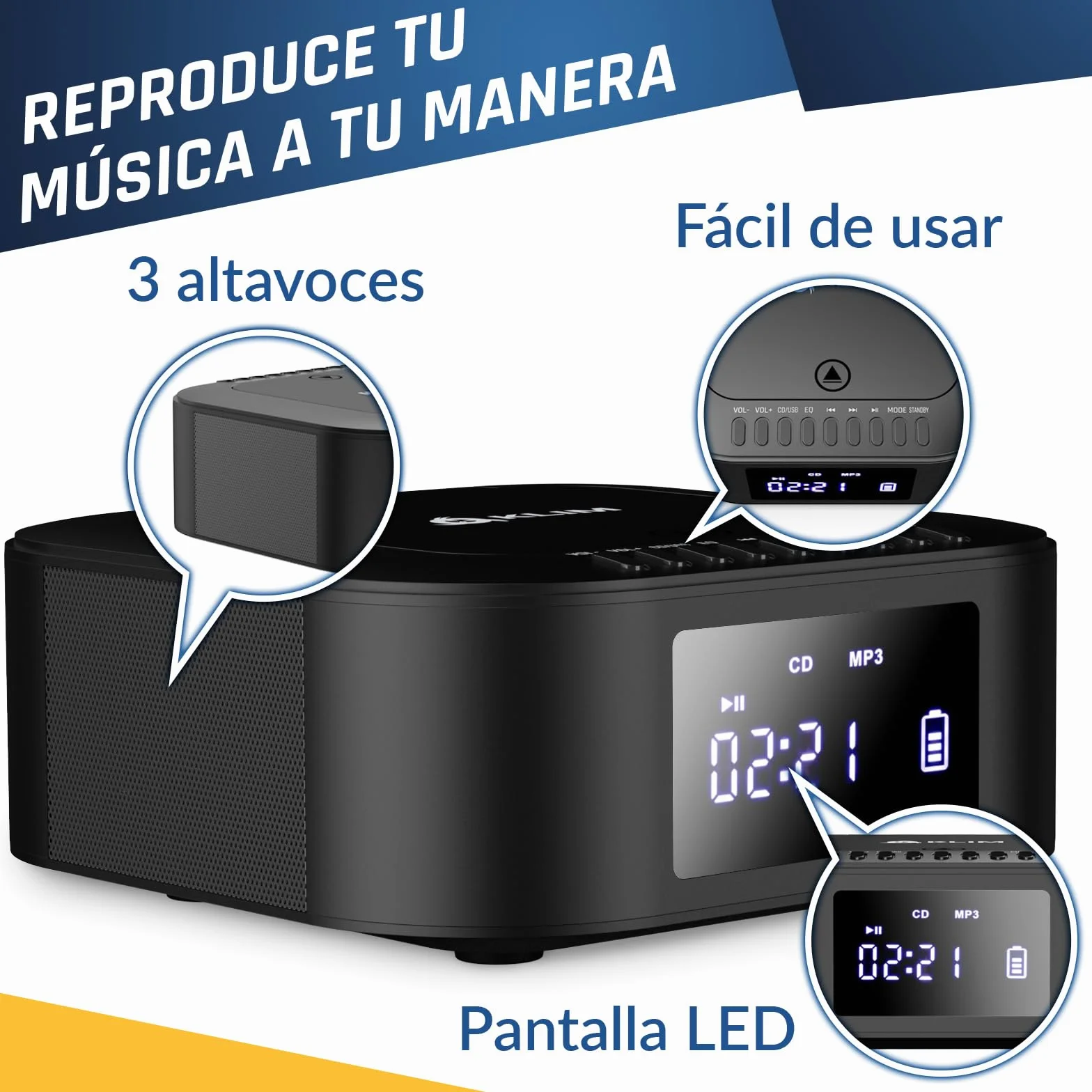 Klim Boombox E1 Reproductor de CD portátil con Bass Boost, Subwoofer, Radio FM, Bluetooth, MP3, AUX, USB y Mando