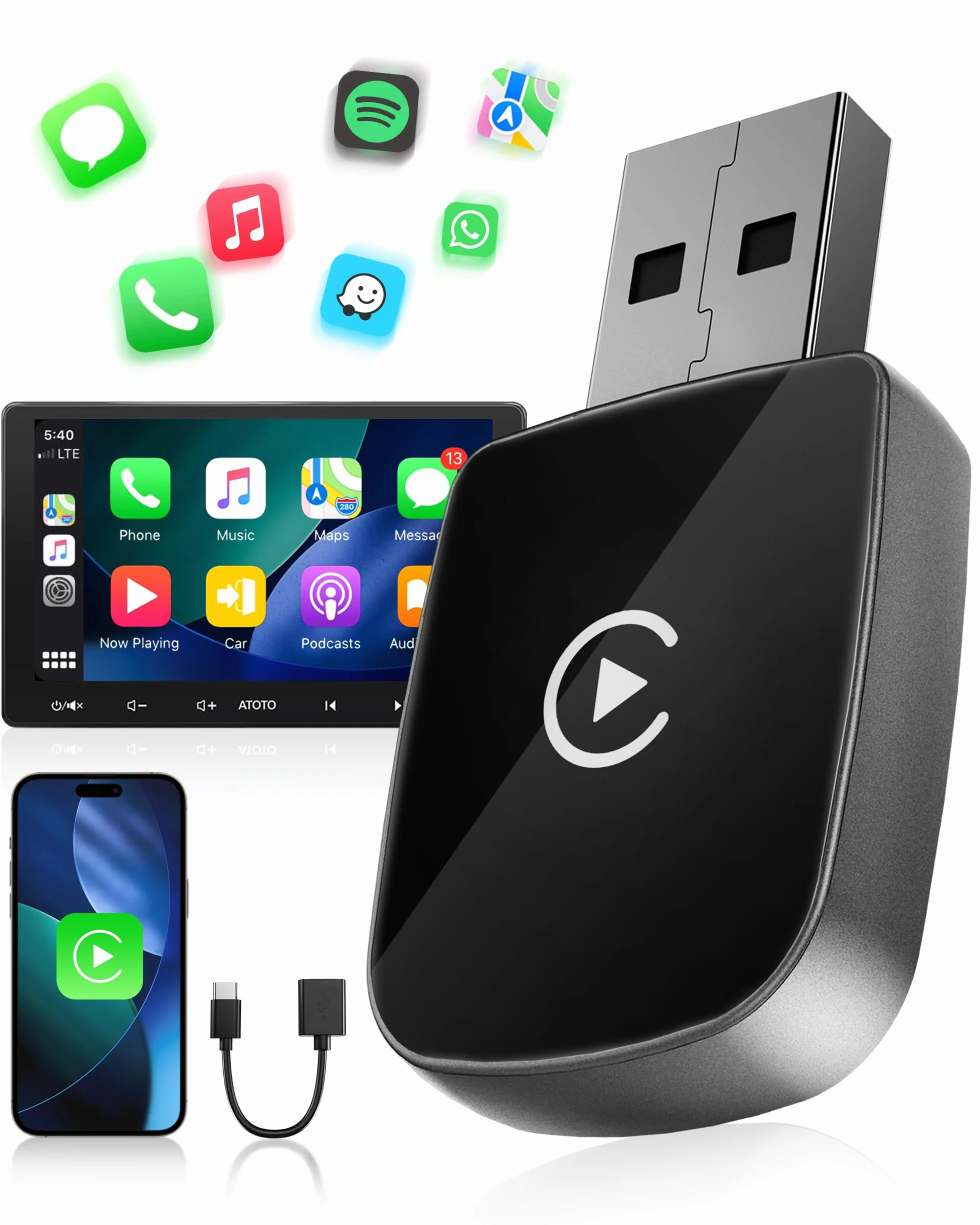 Adaptador CarPlay Inalámbrico Bluetooth V5.3 Doble Núcleo WLAN 5.8 GHz para Apple iPhone iOS 10+