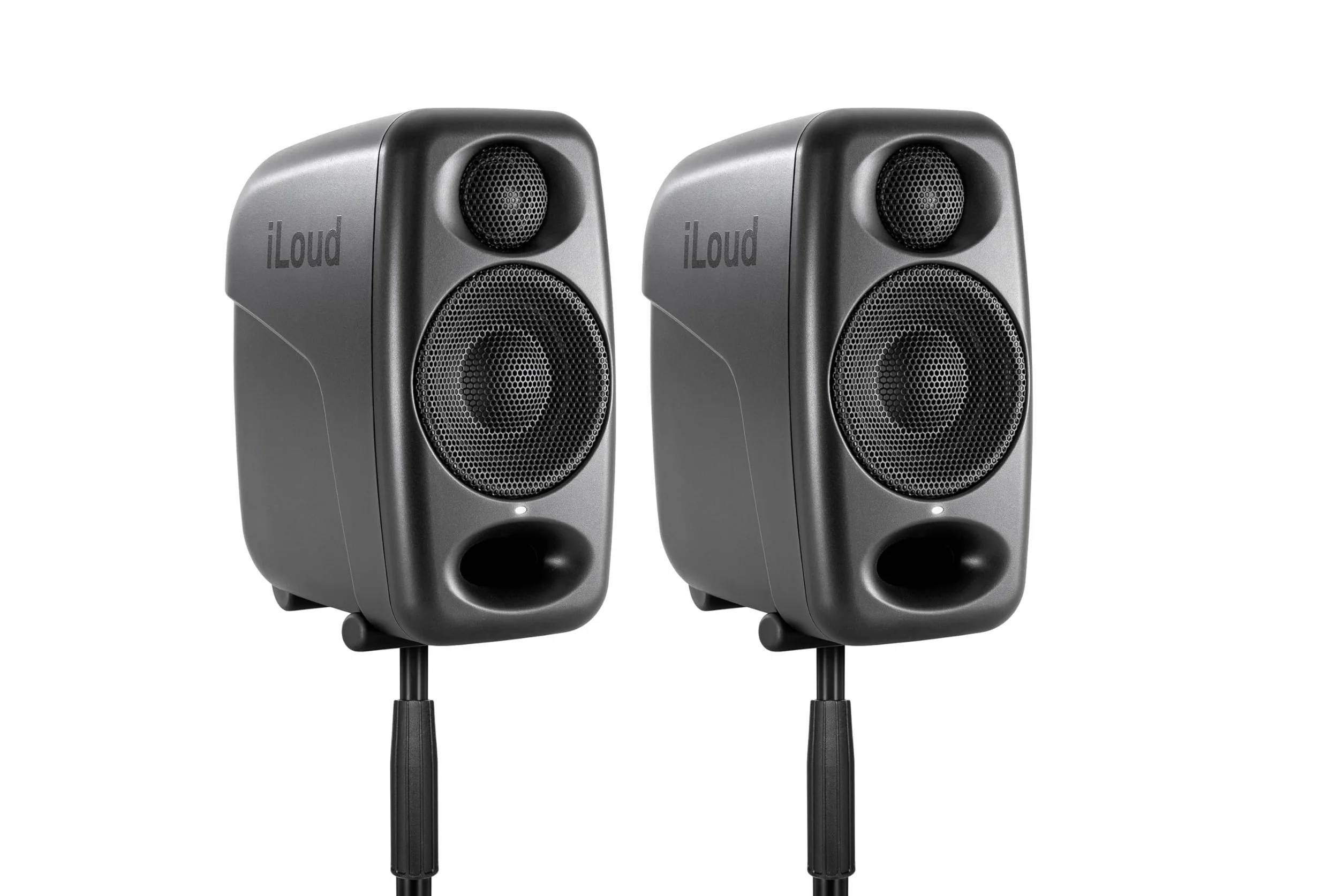 IK Multimedia iLoud Micro Monitor Pro - Par - Monitores de estudio compactos, de 2 vías, biamplificados, altamente portátiles y controlados digitalmente. Incluye micrófono ARC. Color negro.