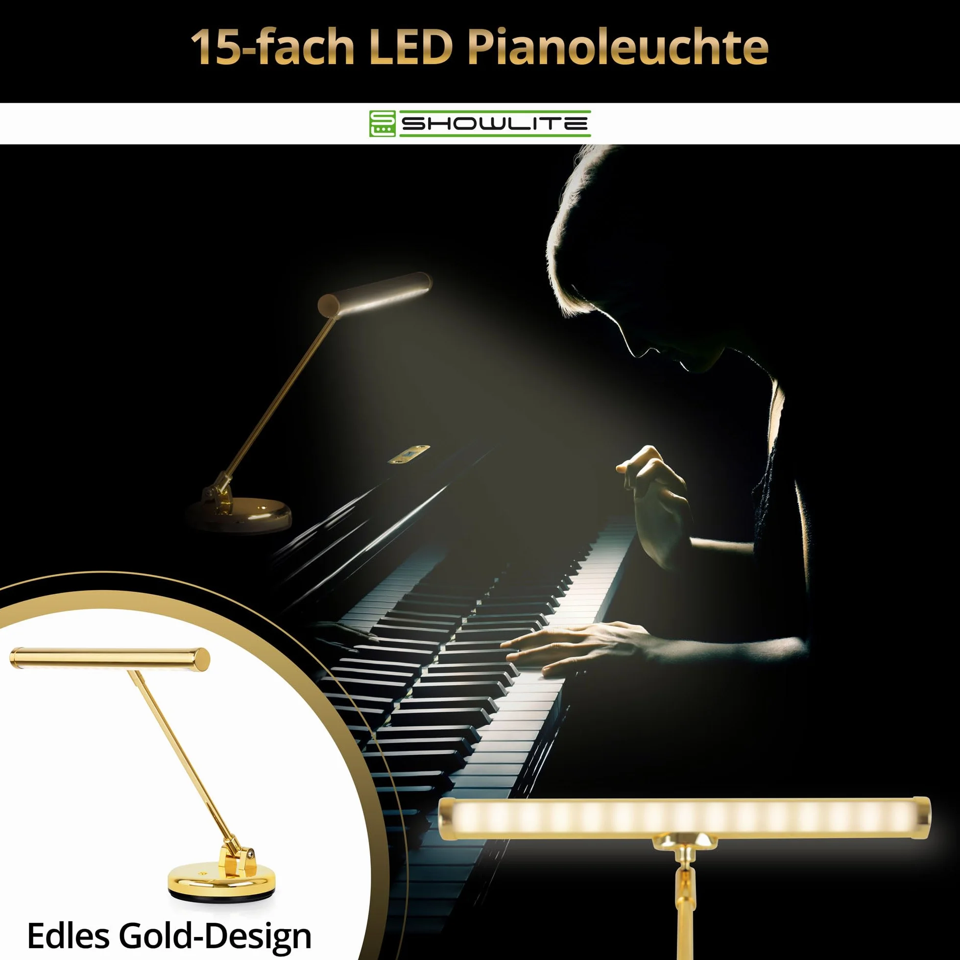 Showlite Lámpara de Piano LED PL-1-GD-WW - Lámpara para piano con 15 LEDs - luz blanco cálido en 2 niveles - 36 cm de altura - funcionamiento por USB, corriente o batería - oro brillante