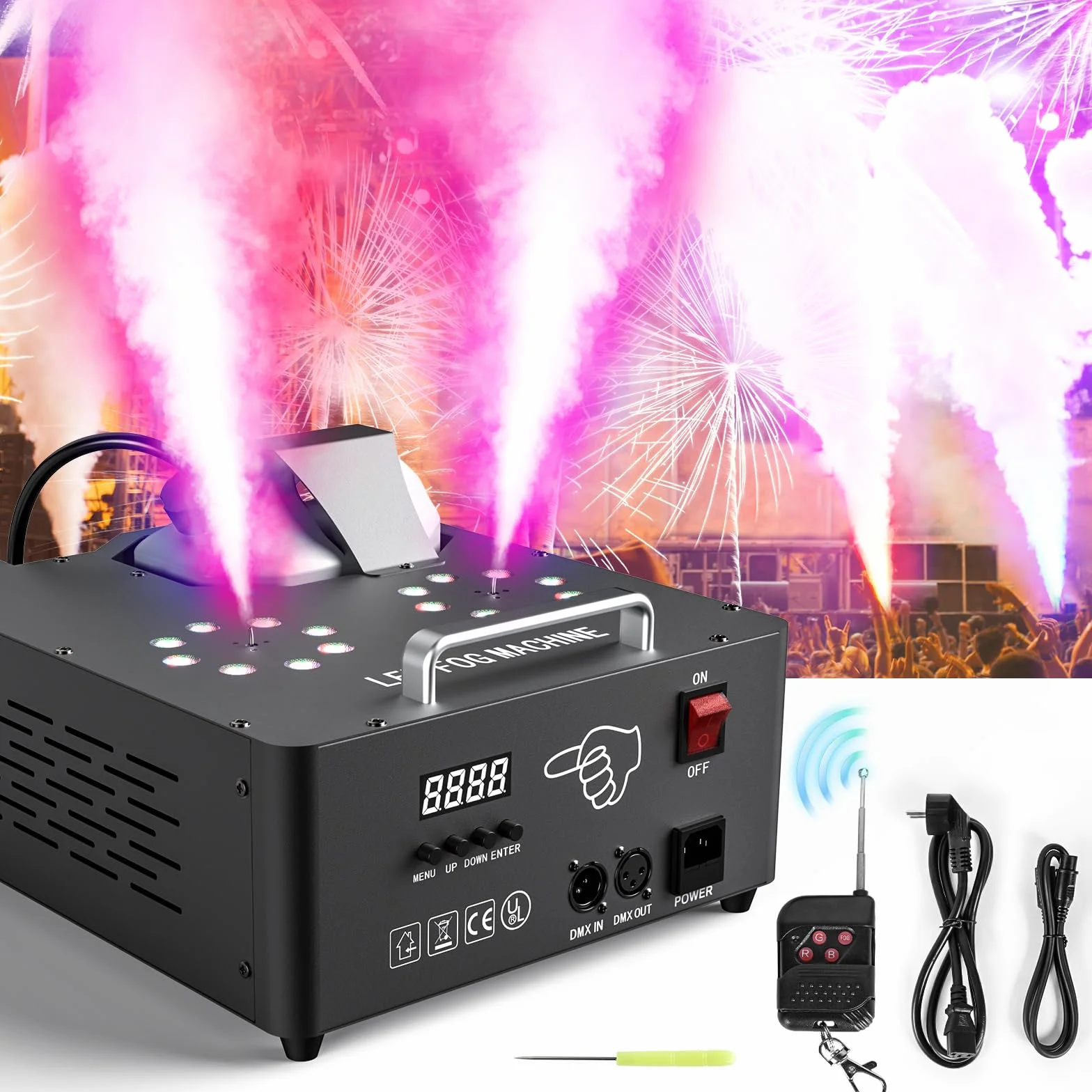 2000W Maquina de Humo, 8+8 LEDs Máquina Humo Discoteca con Remoto Inalámbrico, Bengalas de Humo de Colores para DJ, Fiestas, Halloween, Bodas, Escenarios, Navidad, Escenario de Efectos