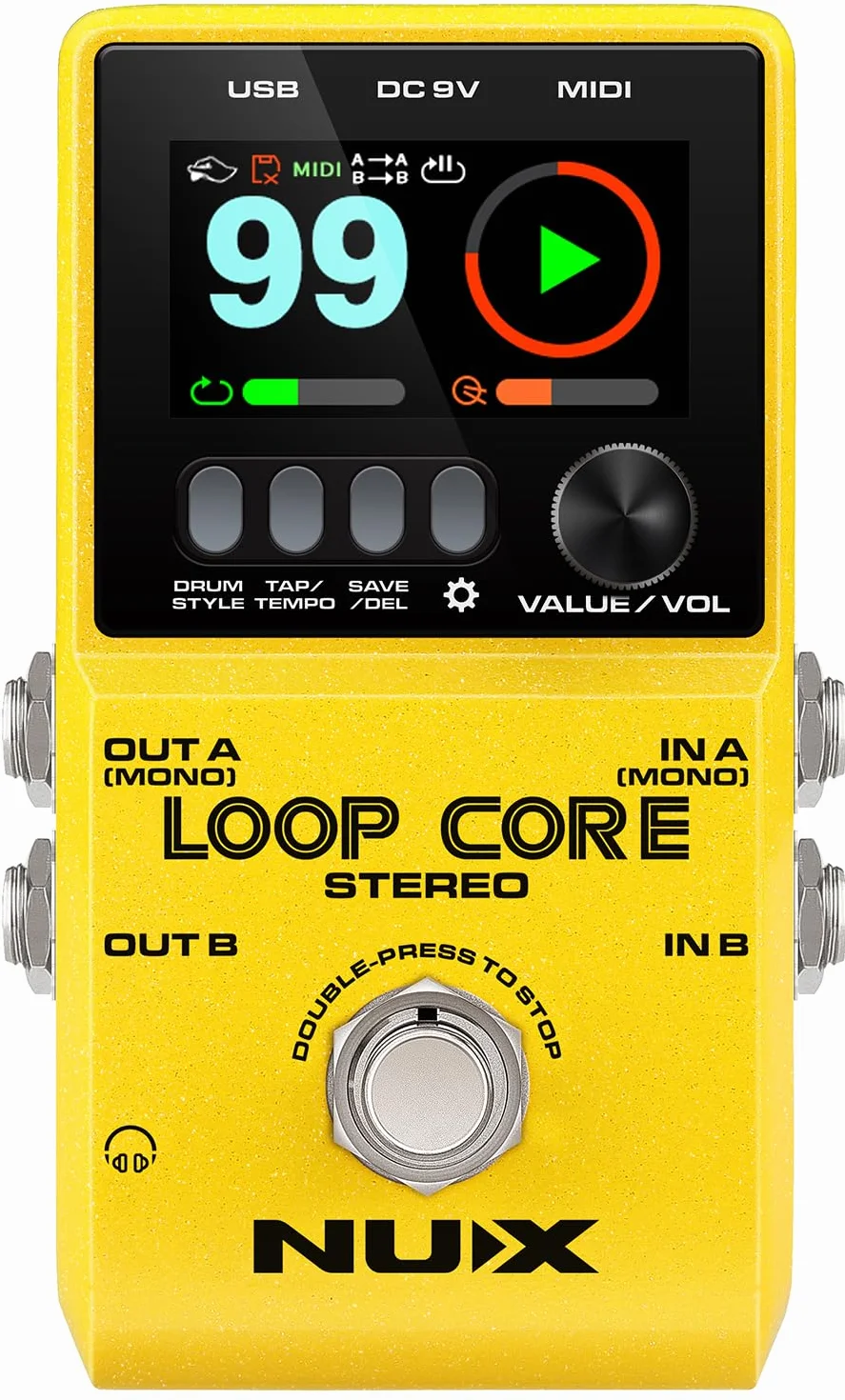 Pedal estéreo NU-X Loop Core | Looper de alta definición con 99 ranuras de guardado, entradas/salidas estéreo, control MIDI y máquina de tambor integrada