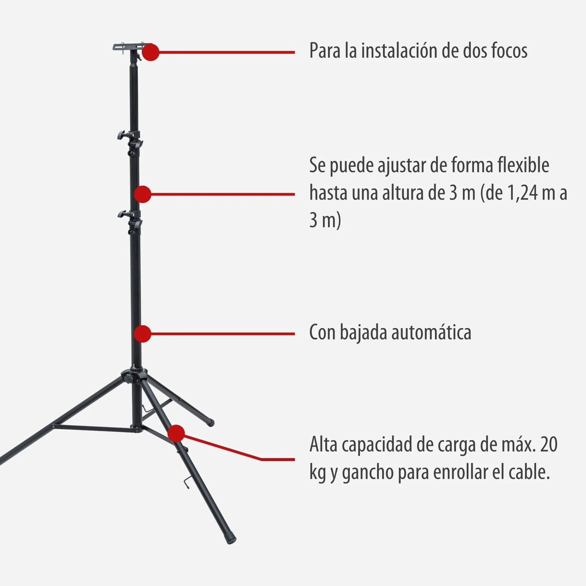 Brennenstuhl Trípode telescópico de construcción ST 302 para focos de Trabajo con Mecanismo de Descenso automático (Altura Regulable de 1,24m a 3m, máx. 20kg, con travesaño, 3 Tubos de Soporte)