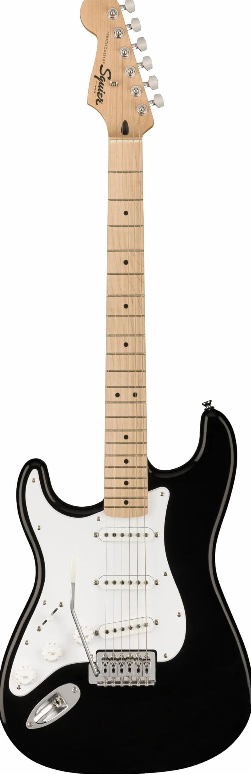 Squier by Fender Sonic Stratocaster Guitarra Eléctrica para Zurdos, Diapasón de Arce, Golpeador Blanco, Negro