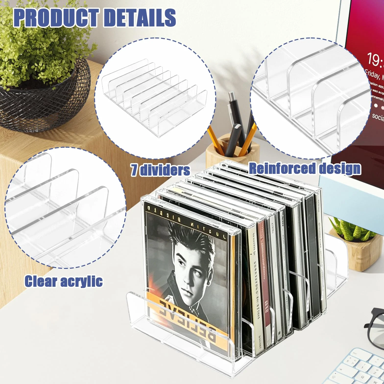 Organizador transparente para CD/DVD de acrílico – Conjunto de 4 piezas – Almacenamiento para CDs, DVDs, cintas, cintas de juegos y libros – Diseño elegante con soporte estable para una presentación