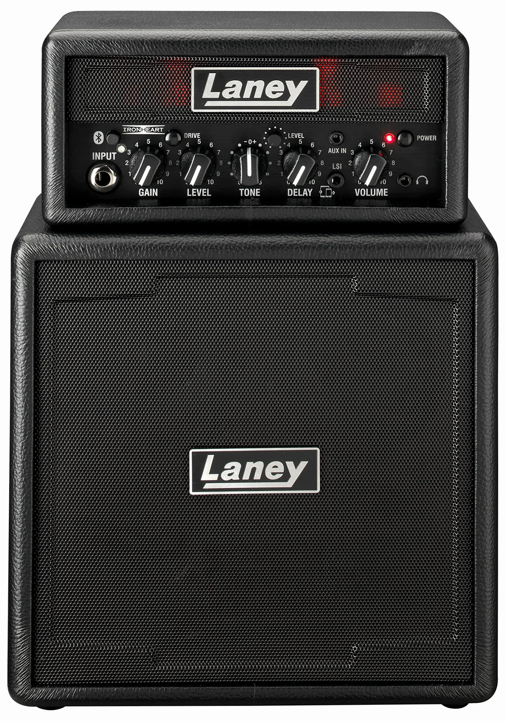 Laney MINISTACK-B Amplificador de guitarra Bluetooth – Mini pila portátil de 6W con batería - 4 altavoces, limpio/overdrive, retraso, entrada LSI para smartphone, entrada AUX - Ironheart