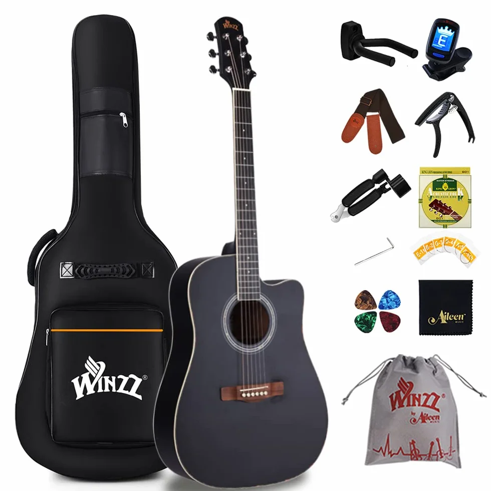Winzz 41 Pulgadas Acoustic Guitar 4/4 Tamaño Completo para Adolescente Adulto Principiante Set, Negro Cutaway