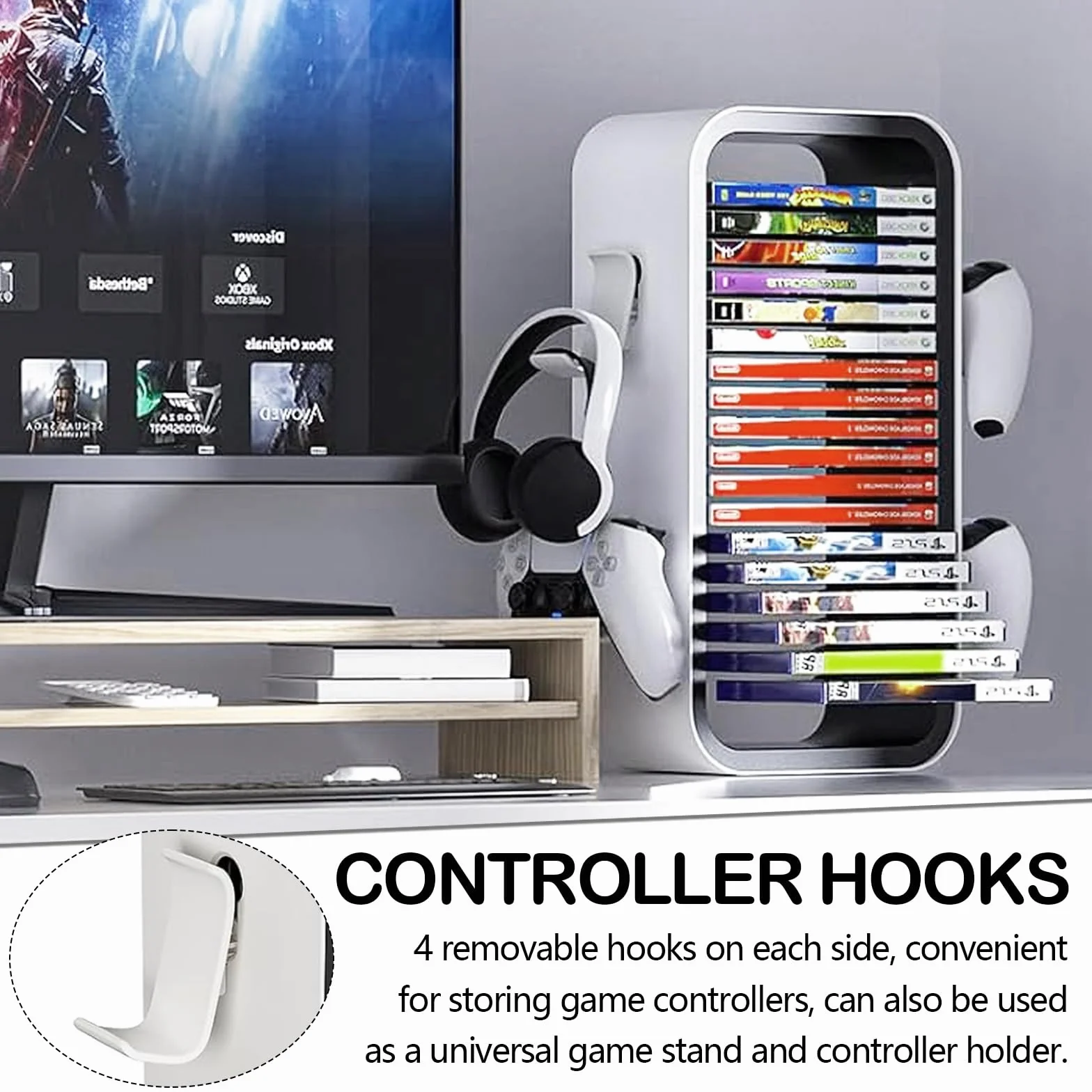 Soporte para Discos de Juego, Torre de Almacenamiento de Juegos Compatible con P5 Xbox Series S Y X Soporte de Torre de Almacenamiento de Juegos para 18 Discos Juego con 4 Soportes para Controladores