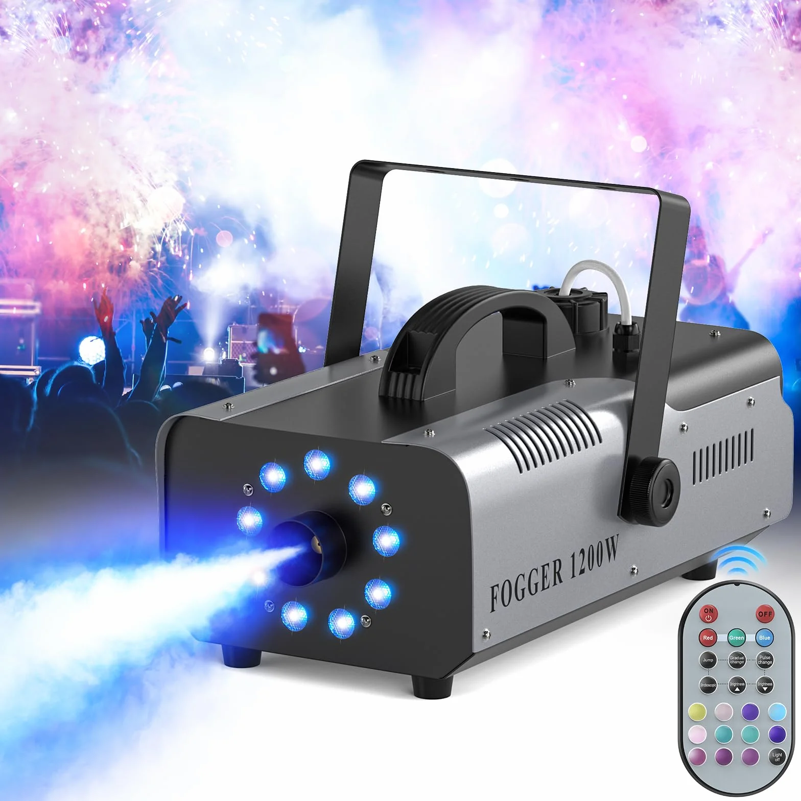Máquina de Humo Automática 1200W 9 RGB LED Máquina de Niebla Colores Efectos con Remoto Inalámbrico Portátil Fog Machine para Hogar Fiesta Boda Espectáculo Bar Escenario Halloween Navidad