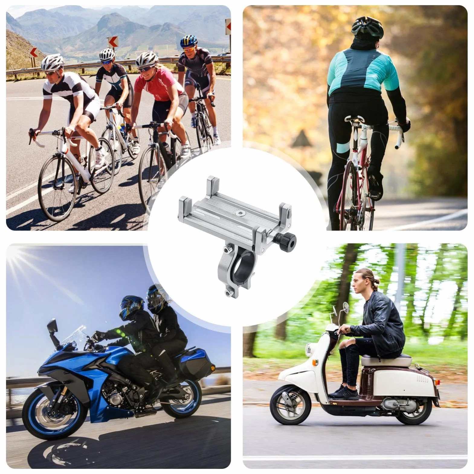 Soporte Móvil Bicicleta Aluminio, Porta Celular Manillar 360º, Pinza 4 Garras Universal para Moto Scooter, Compatible Android