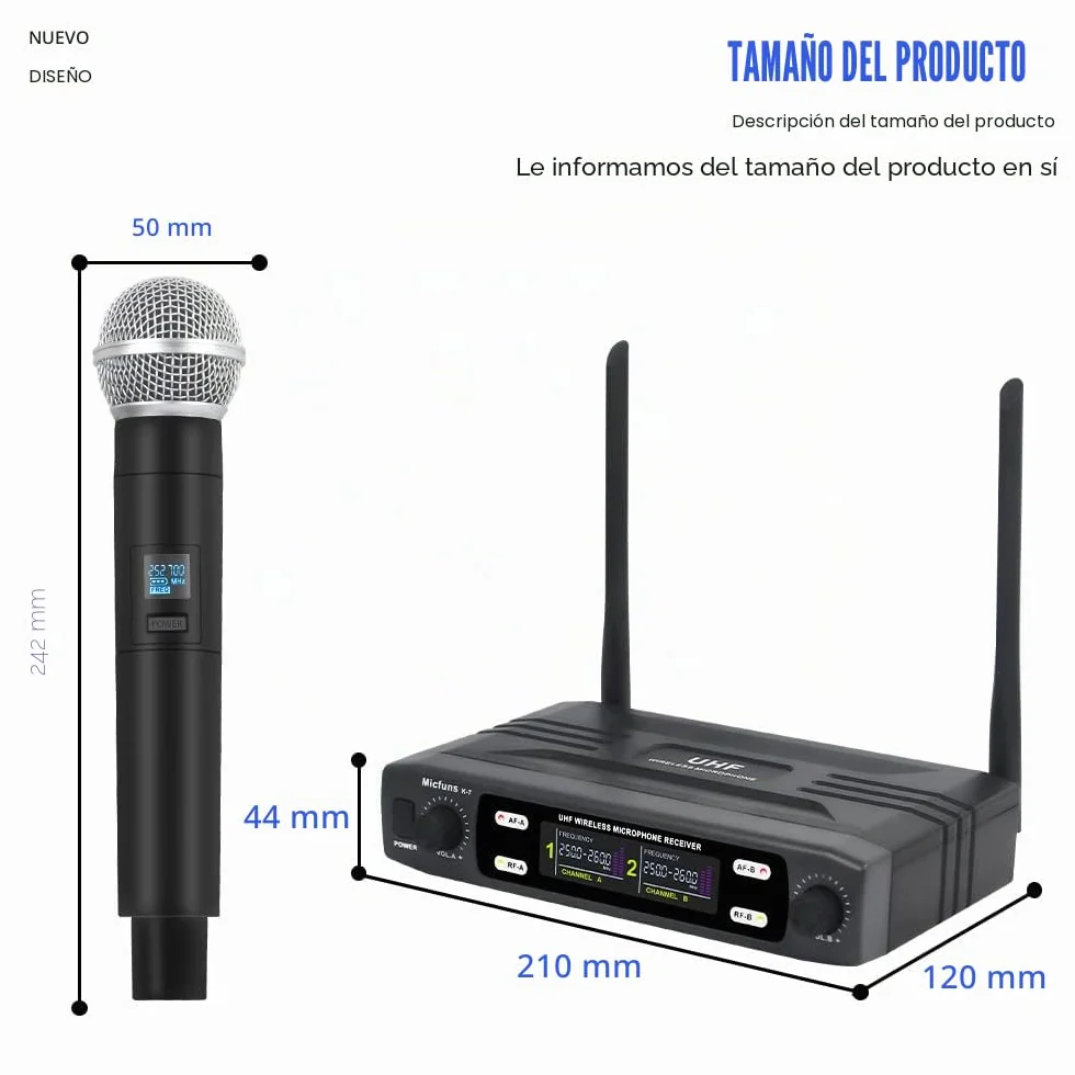 K7 - Juego de micrófono profesional inalámbrico 2 portátiles VHF 230-250 MHz sistema de micrófono 100 m de distancia para karaoke, fiesta, idioma