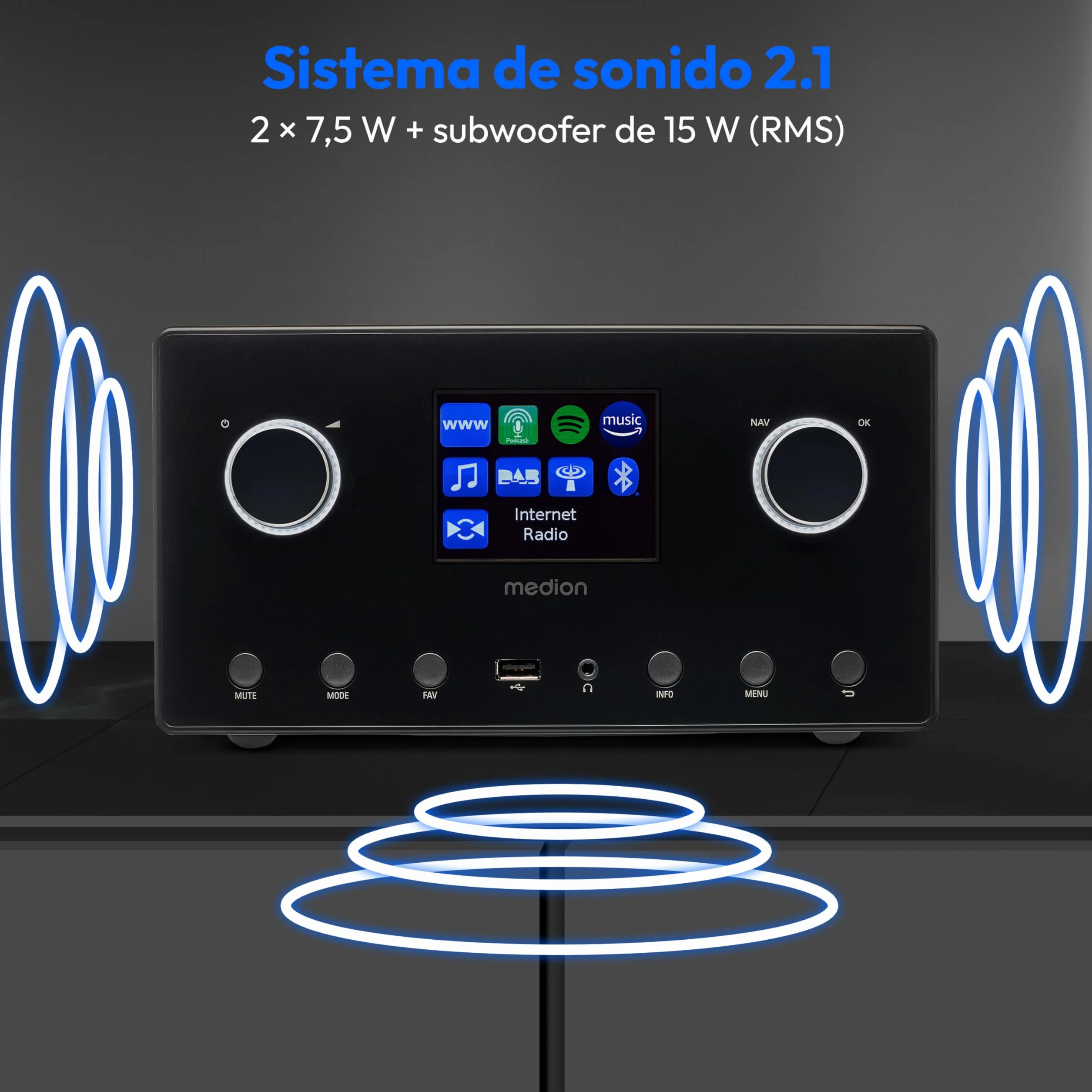 MEDION P85444 Radio por Internet 2.1 con Subwoofer (Dab+, Radio FM, Spotify Connect, WiFi, Bluetooth, Streaming, Ecualizador, Pantalla de visualización, USB, AUX, Despertador
