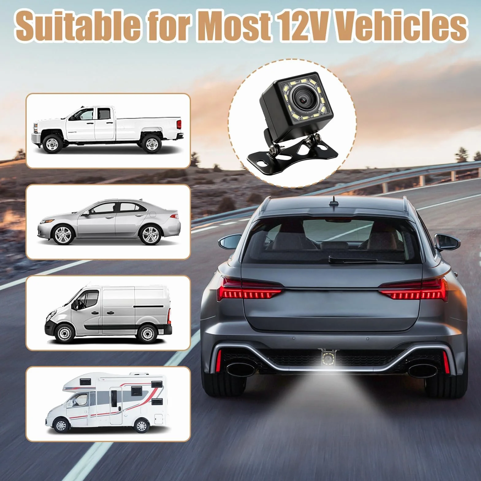 Cámara de Marcha Atrás Coche 1080P Ultra HD, 12 LED Visión Nocturna Súper, IP68 Impermeable 170° Gran Angular, 12V-24V Cámara Trasera Universal para SUV Camiones Automóviles Pickup Furgonetas