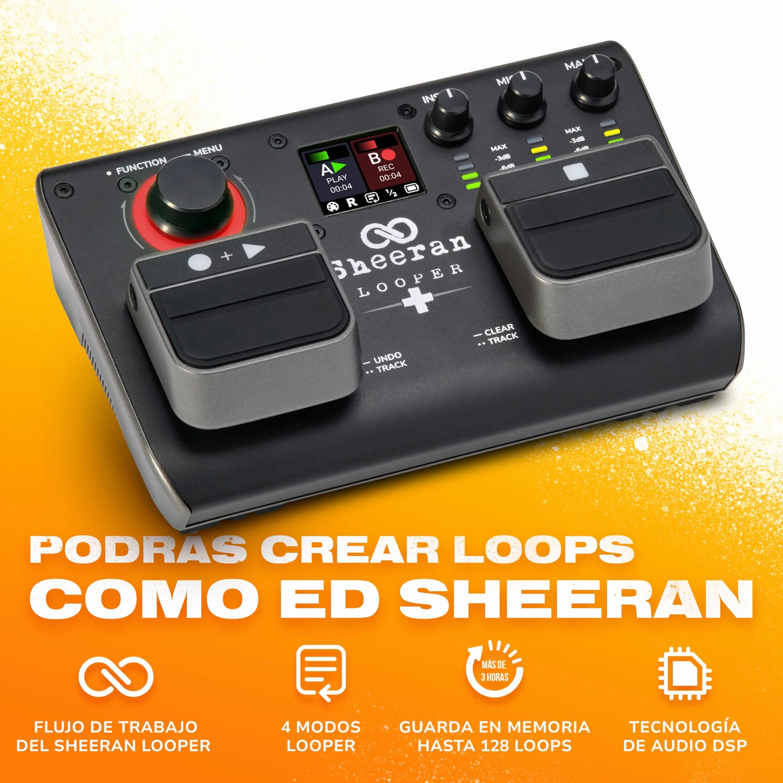 SHEERAN LOOPER + Pedal de Dos Pistas para Guitarra, Bajo, Teclado o Voces. Capacidad para 128 Loops, 4 Modos Looping, Display e Interfaz de Audio
