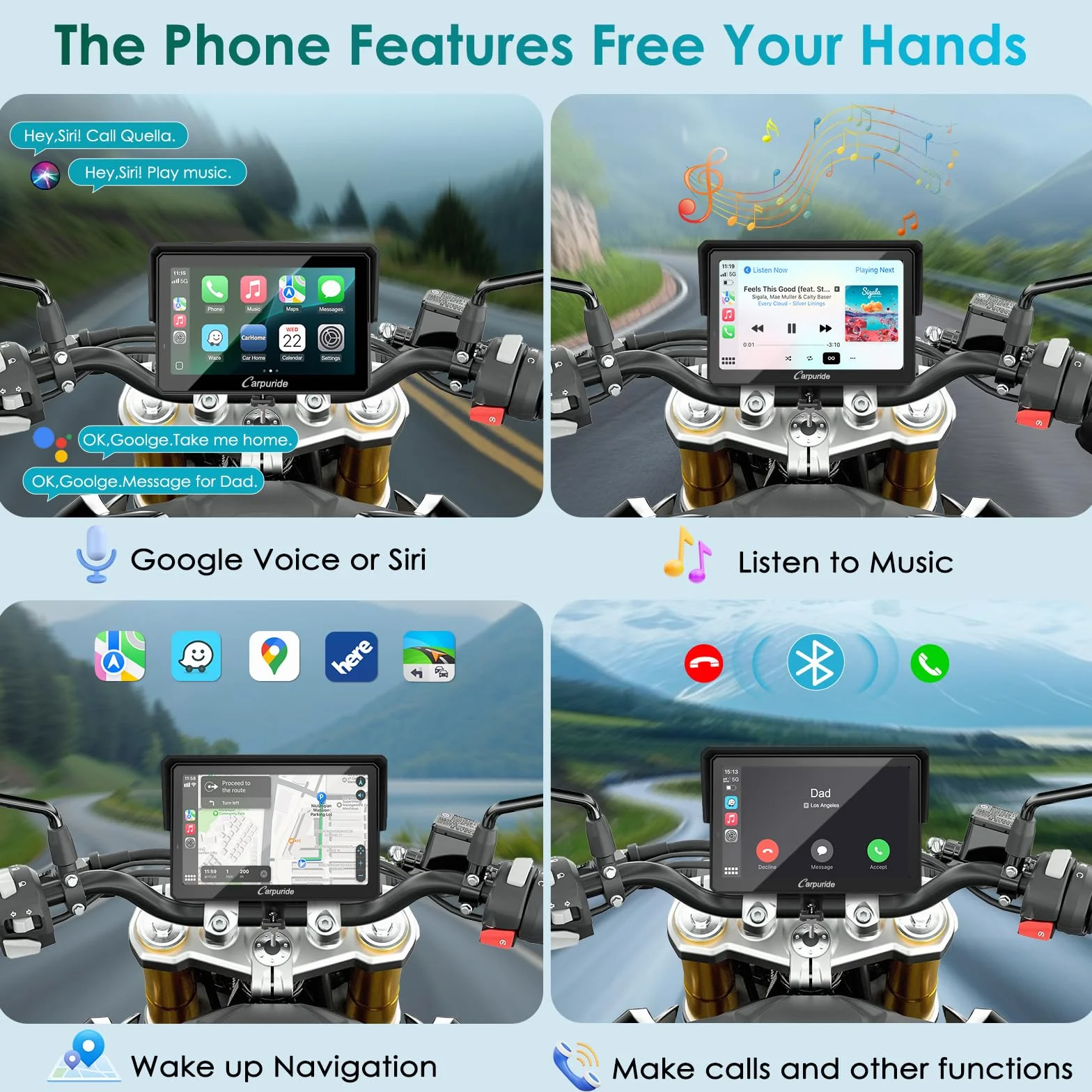 Carpuride W502S Pro GPS Inalámbrico para Motocicleta con Carplay Android Auto Pantalla Táctil Impermeable 5" Soporte BM05 Bluetooth
