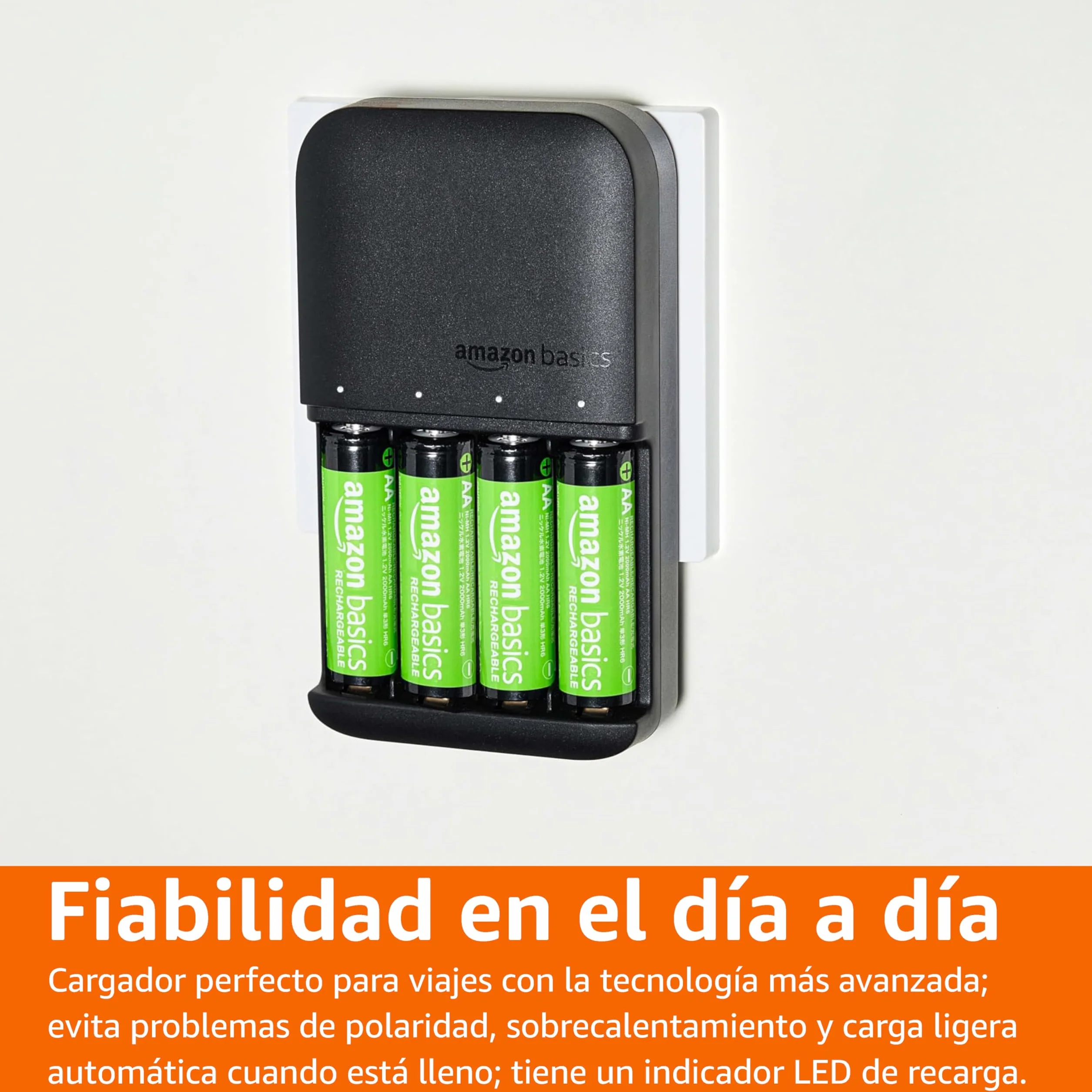 Amazon Basics Pilas Recargables NiMH 4 Ranuras Cargador 8 Paquete AAA AA 800mAh 2000mAh Negro