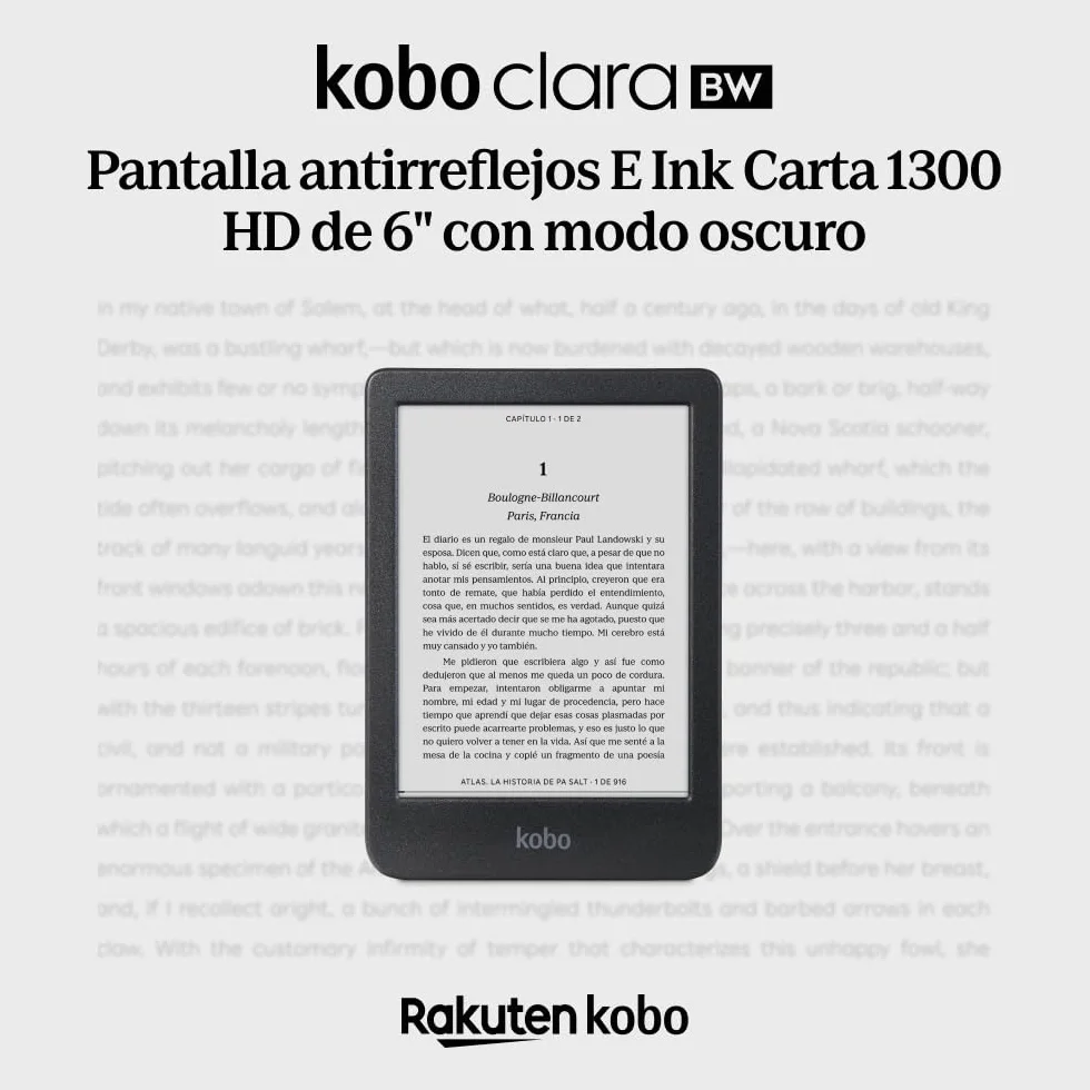 Kobo Clara BW eReader 6 cala Pantalla táctil antirreflejos ComfortLight Pro Modo Oscuro Audiolibros Resistente al Agua 16 GB Negro