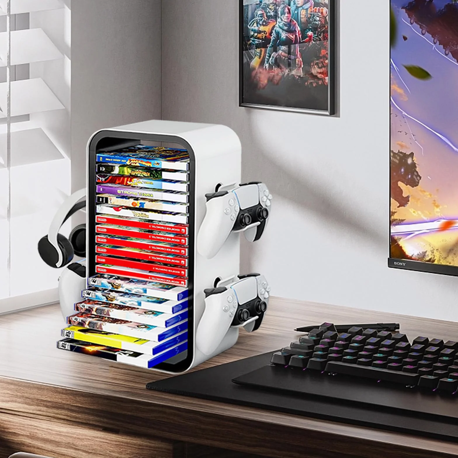 Soporte para Discos de Juego, Torre de Almacenamiento de Juegos Compatible con P5 Xbox Series S Y X Soporte de Torre de Almacenamiento de Juegos para 18 Discos Juego con 4 Soportes para Controladores