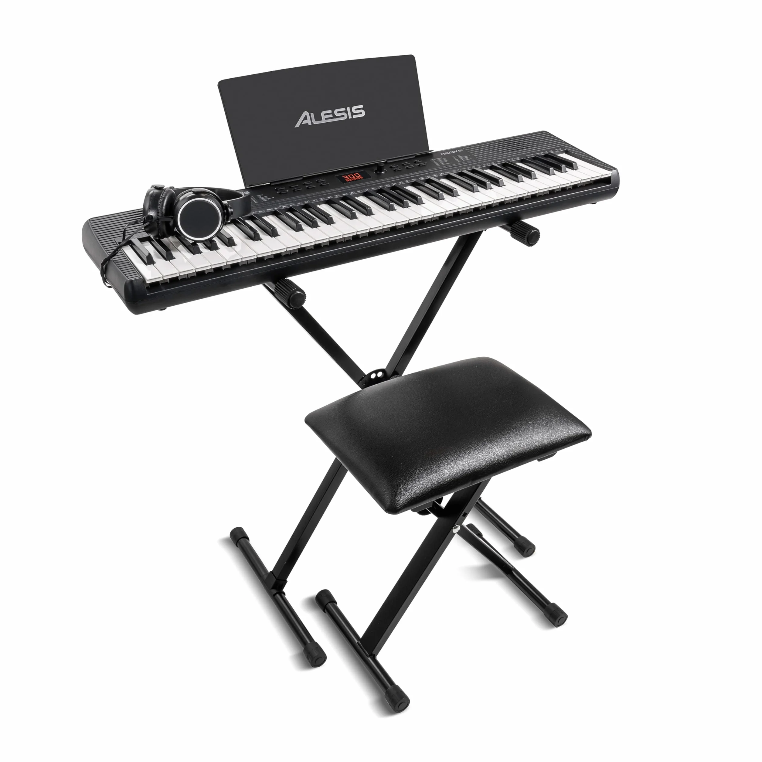 Alesis Melody 61 Teclado Piano Eléctrico para Principiantes con 61 Teclas, Altavoces, Soporte, Banqueta, Auriculares, 300 Sonidos y Lecciones de Música