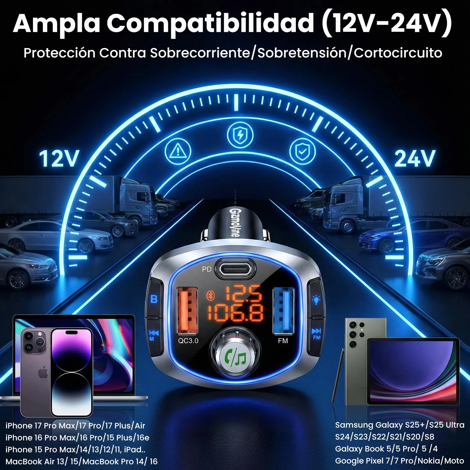 GizmoVine Transmisor FM Bluetooth 5.4 Coche 81W, Adaptador Radio Coche con Carga Rápida Dual PD 45W & QC3.0 36W, Bluetooth Manos Libres con Cancelación de Ruido, Bass Boost, Botón de Apagado y Luz LED