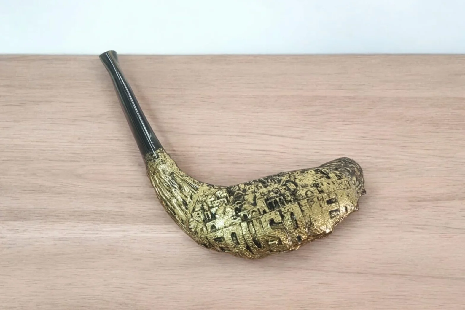 Shofar Jerusalén Old City - Cuerno de carnero shofar chapado en oro + soporte gratis
