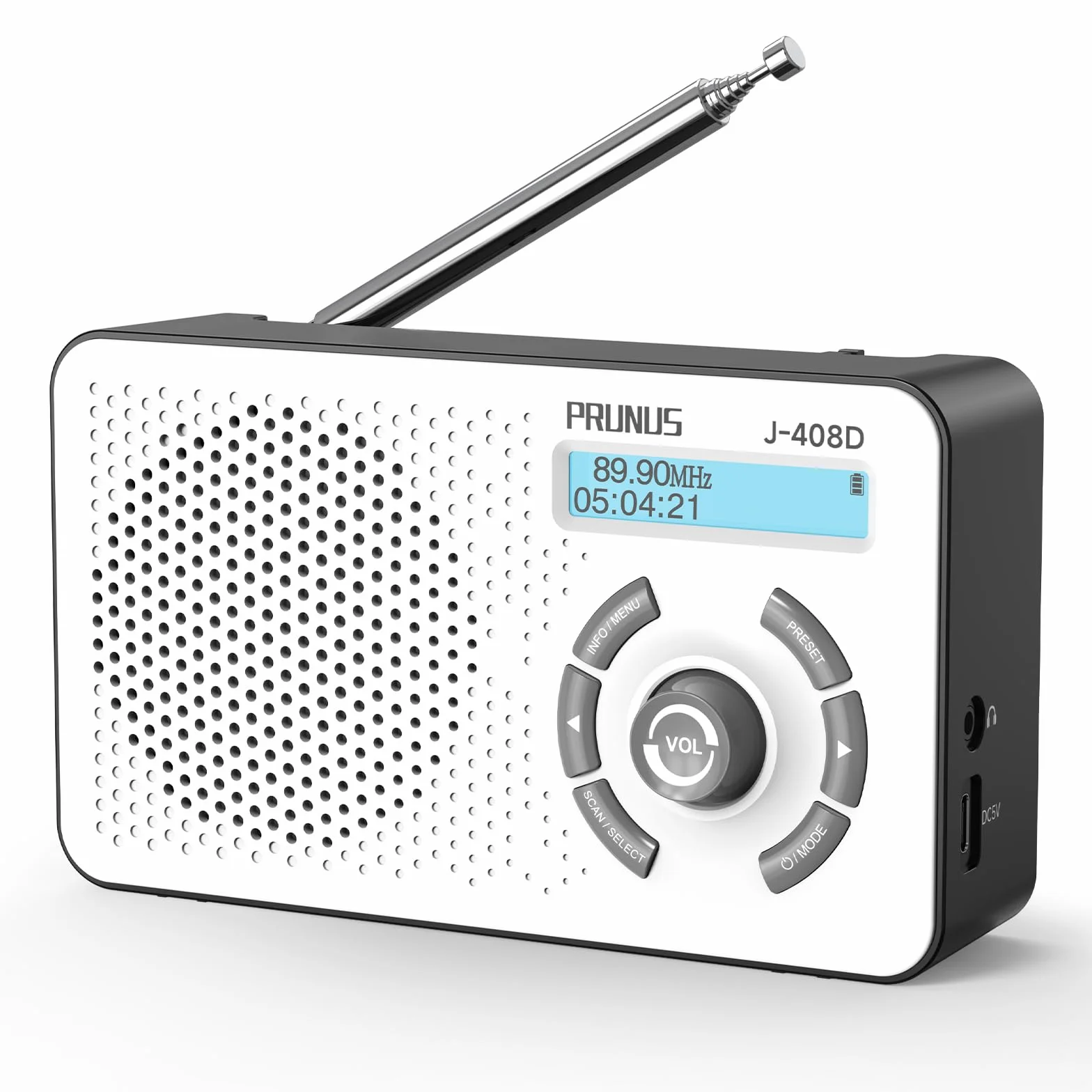 PRUNUS J-408 FM Radio DAB con Bluetooth 5.3, DAB Plus Radio funciona con pilas o batería de 2000 mAh, radio digital con 40 FM y 40 DAB preajustes, toma de auriculares, alarma dual/temporizador de