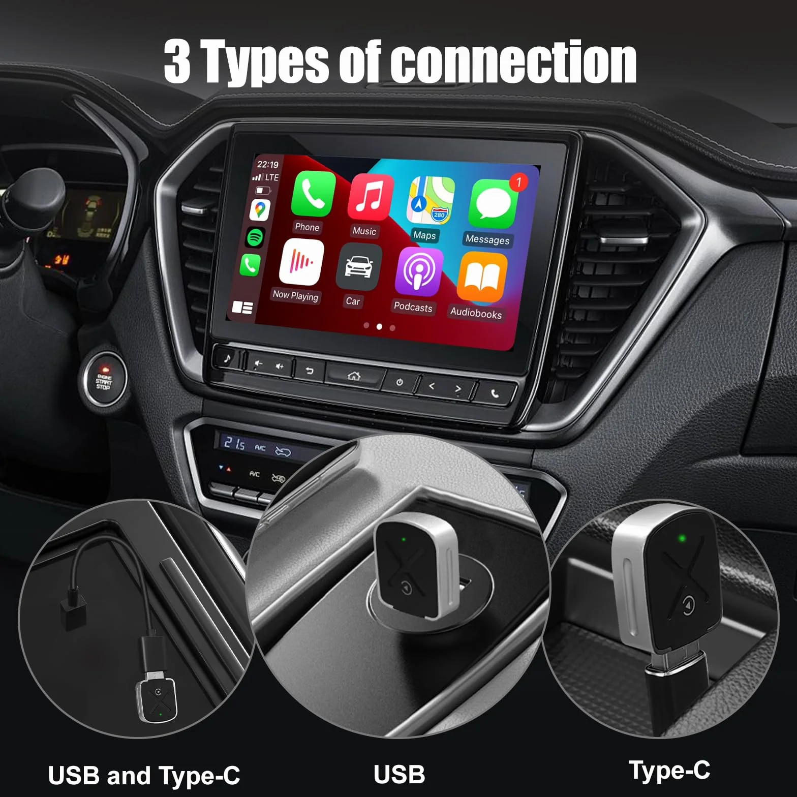 Adaptador Carplay Inalámbrico, Convertir Coche Pantalla Carplay con Cable a Carplay inalámbrico, USB Carplay Compatible con Coches a Partir de 2016 y Teléfonos iOS 10+
