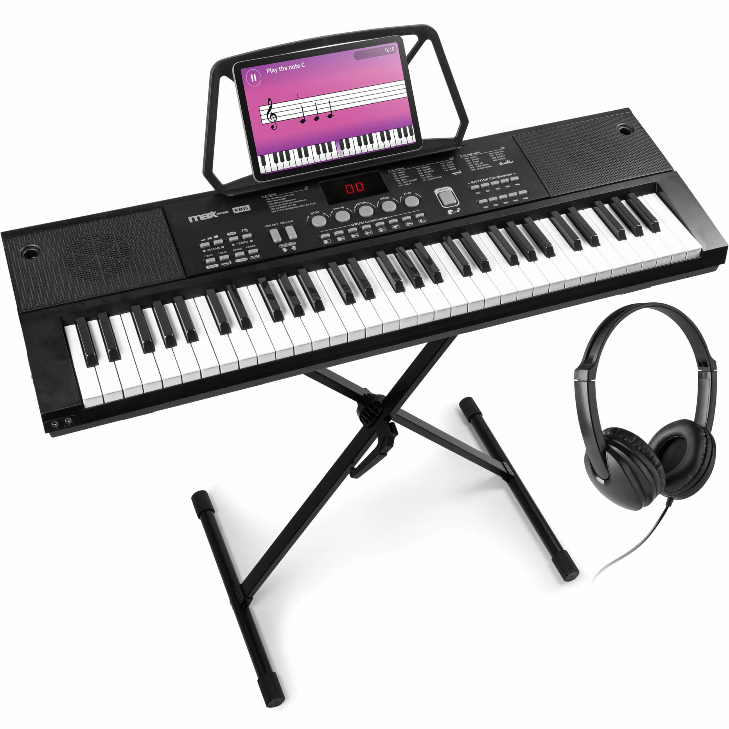 MAX KB15 - Teclado piano con 61 teclas, con micrófono, soporte para teclado y auriculares, autonomía de 8 h, pantalla LCD, 70 canciones, ideal para principiantes, 26 sonidos, 8 percusiones, USB-C