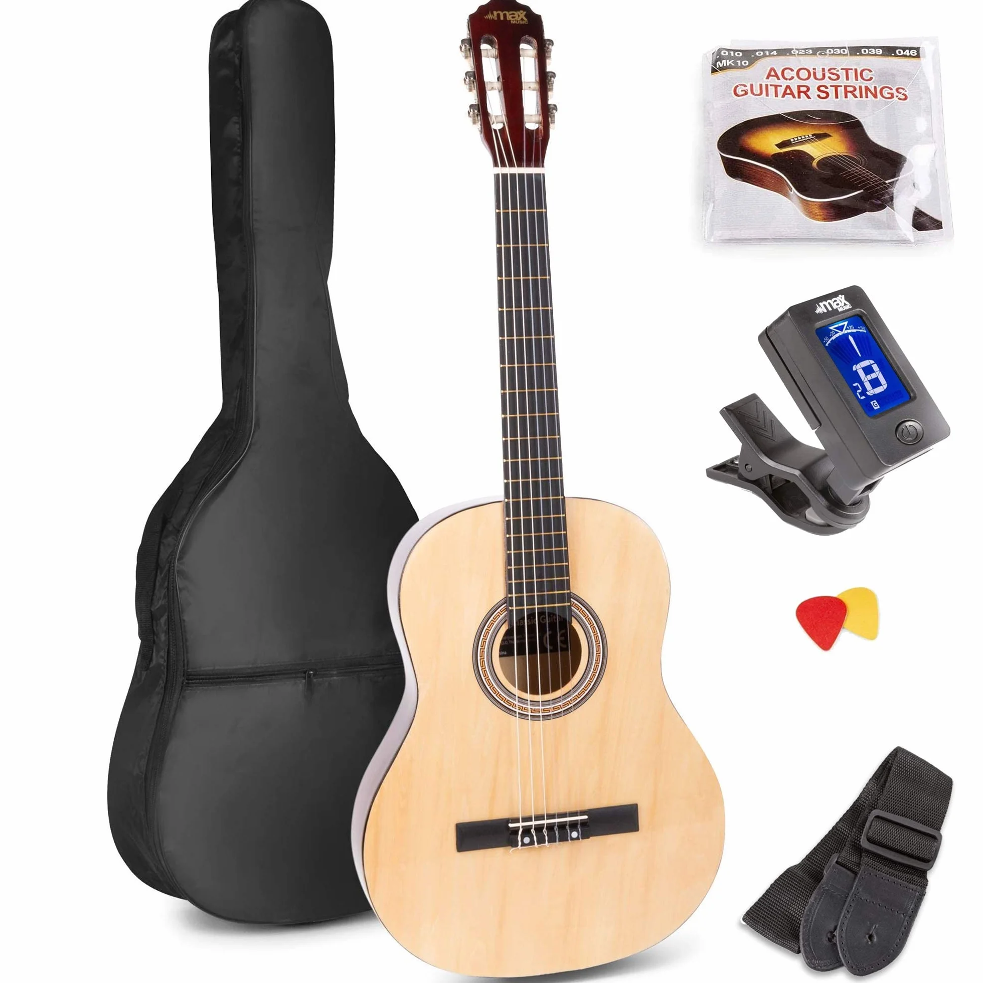 MAX SoloArt Guitarra Clásica Madera Natural – Set Completo para Principiantes con Atril, Soporte, Bolsa, Afinador, Púas, Cuerdas y Correa – Ideal para Jóvenes y Adultos desde 8 Años