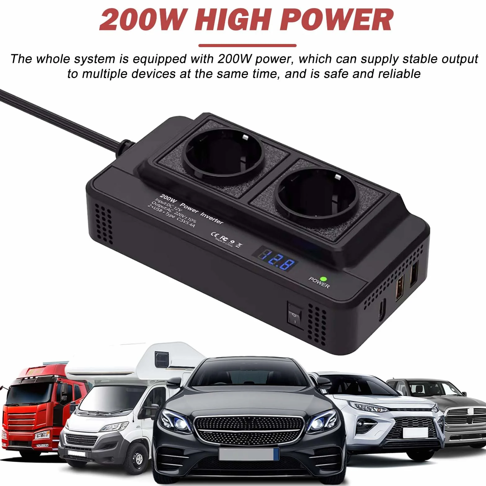 Transformador de voltaje para coche, 200 W, 12 V a 230 V, con 2 enchufes de carga y dos puertos USB, adaptador para encendedor de cigarrillos para viajes de negocios y vacaciones