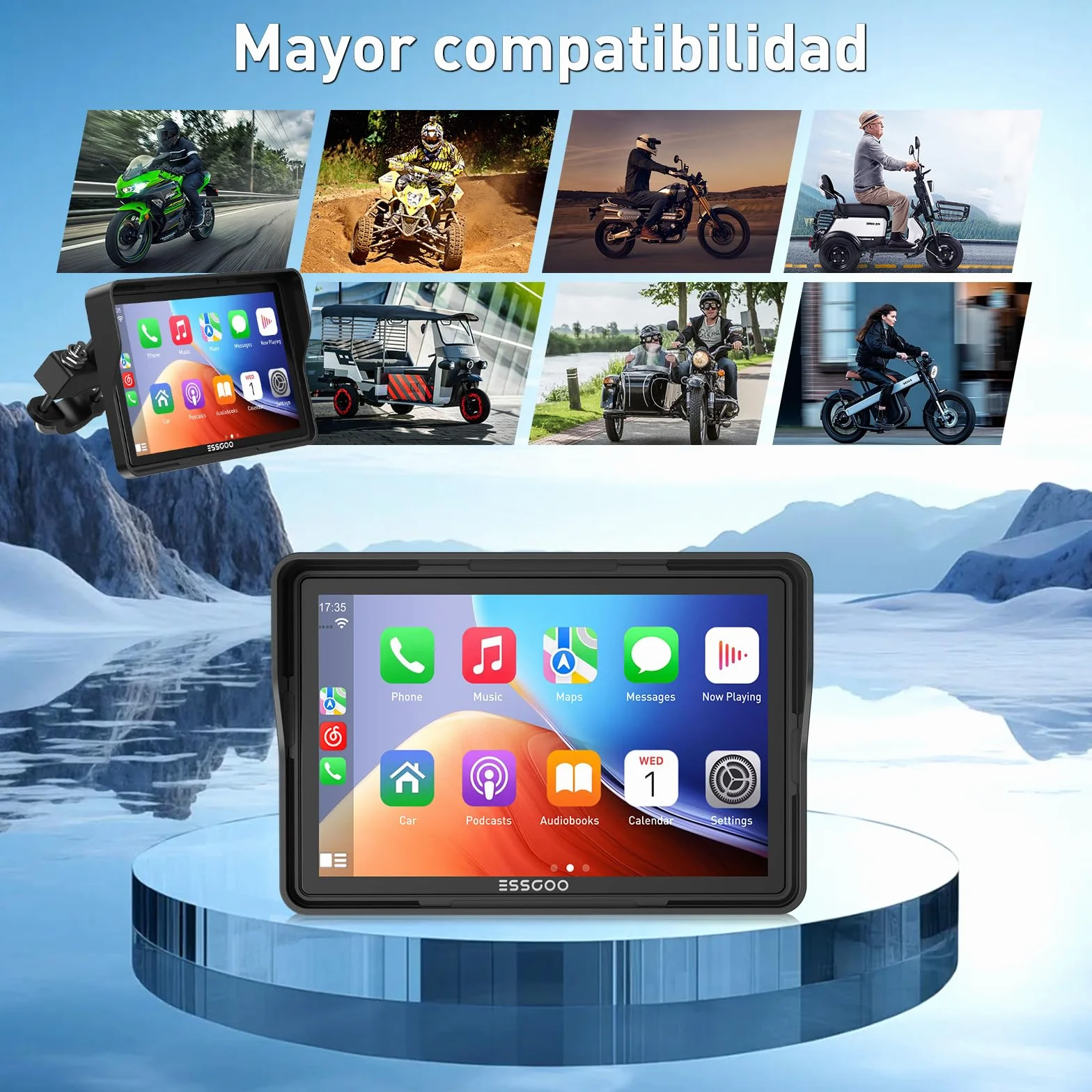 ESSGOO CarPlay para la mayoría de Las Motocicletas, con Soporte en U, inalámbrico CarPlay/Android Auto, Pantalla de 5" Impermeable, Audio Bluetooth, navegación GPS, Siri/G-oogle Asistente