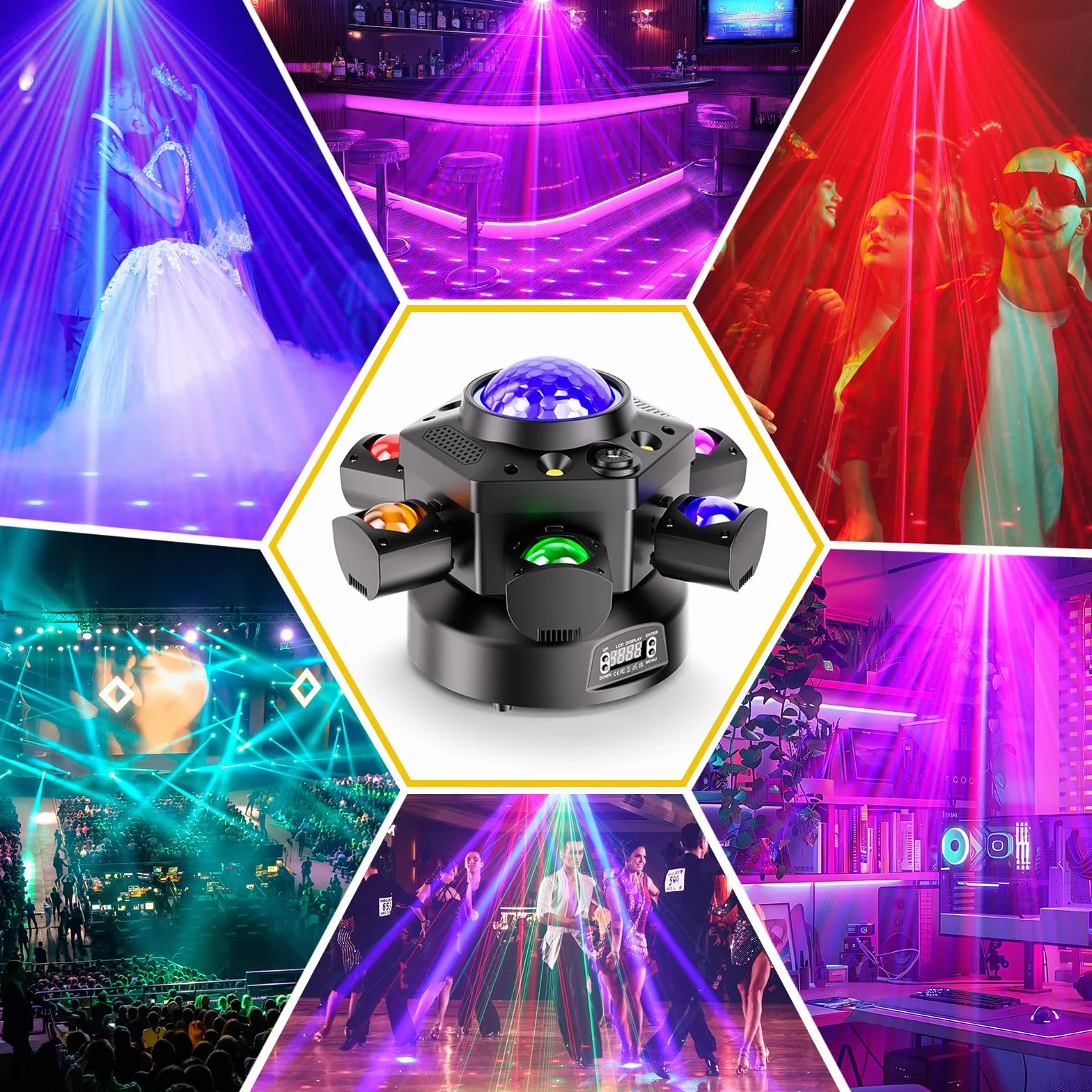 150W Cabeza Móvil LED con Bola Luces Discoteca RGBW Beam Moving Head 6 brazos luminosos con control remoto para Fiesta DJ Bar Cumpleaños Familia
