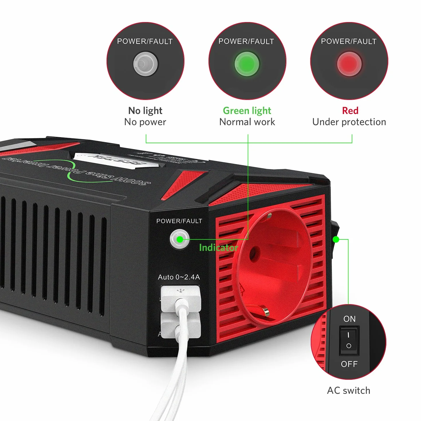 BESTEK Inversor 12v a 220v Onda Pura 300W Conversor para Coche Onda Sinusoidal Transformador con 2 Puertos de USB y 1 Toma de AC, Adaptador de Mechero Coche para Portátil, Movíl