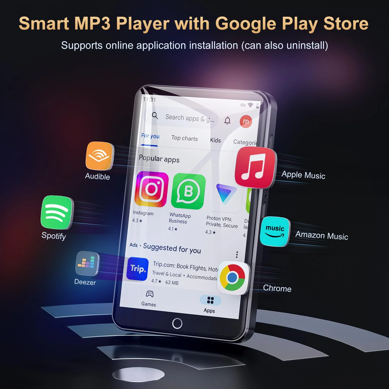Oilsky 80GB 4" 1080P Pantalla táctil Android 9.0 Reproductor MP3 MP4 Bluetooth WiFi Portátil Música Spotify Audible Negro