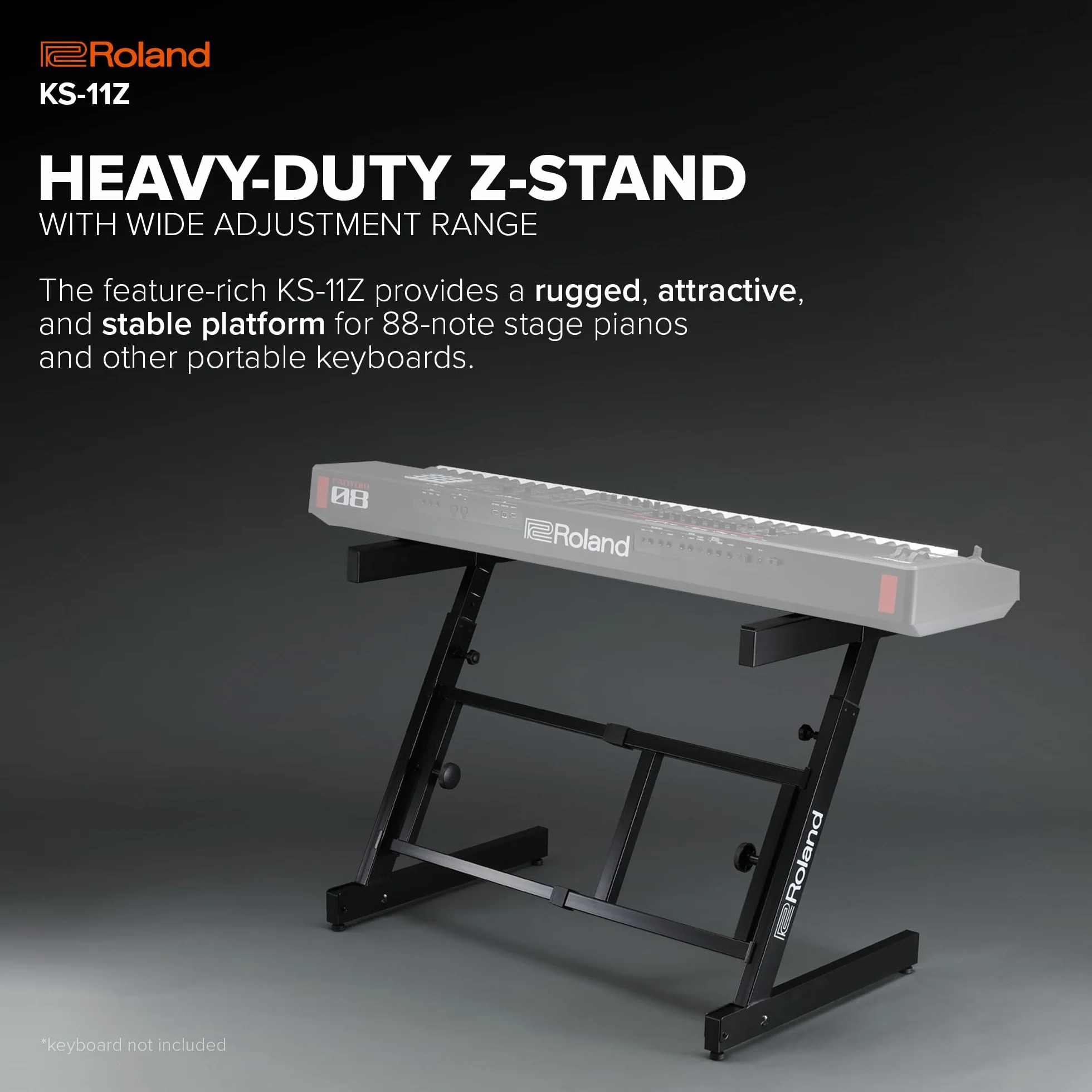 Soporte para teclado Roland KS-11Z | Soporte en Z de alto rendimiento con amplio rango de ajuste para pianos de escenario de 88 teclas y otros teclados | Brazos acolchados plegables