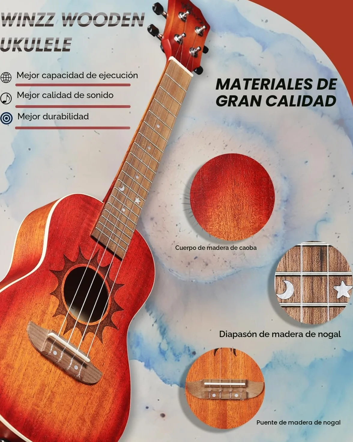 Winzz Ukulele Concierto Adulto 23 Pulgadas Principiante Set Madera De Caoba, Niños Principiantes, Ukelele Único Comprar Regalos (Cuerdas de Carbono, Mate Sunburst)