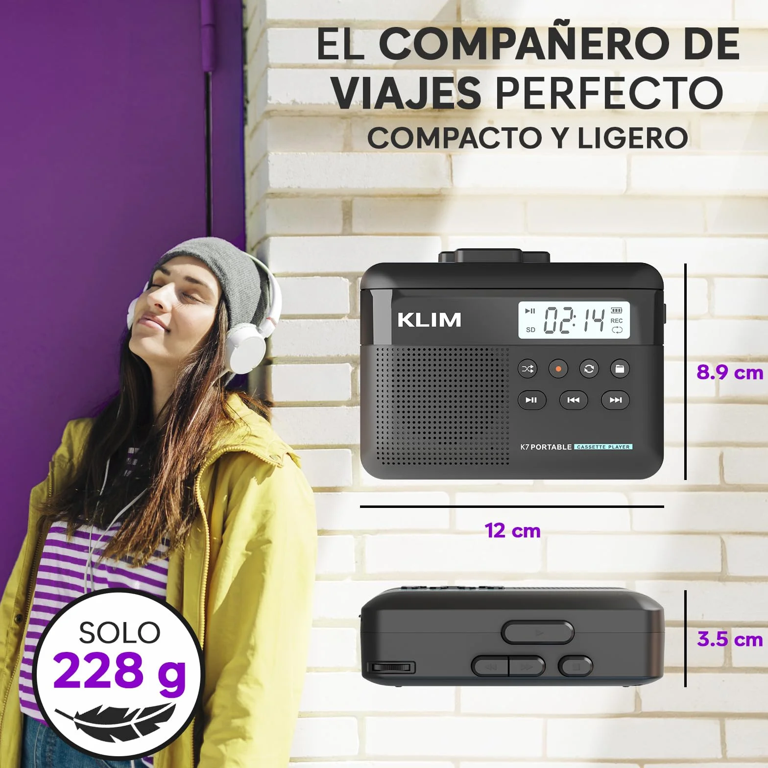 KLIM K7 Reproductor Cassette Portátil a MP3 con Micrófono y Altavoz Integrados, Batería Recargable, Auriculares, Tarjeta SD 8 GB Negro