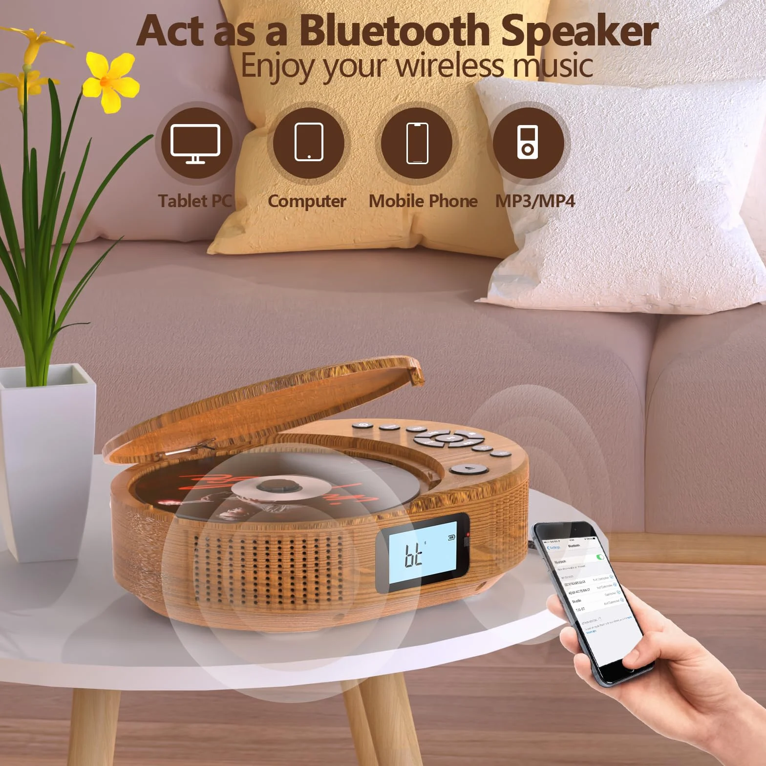 Reproductor de CD portátil, Reproductor de CD Boombox Mejorado y Altavoz Bluetooth 2 en 1, Portátil Recargable para Coche/hogar con Control Remoto, Radio FM, Soporte AUX/USB