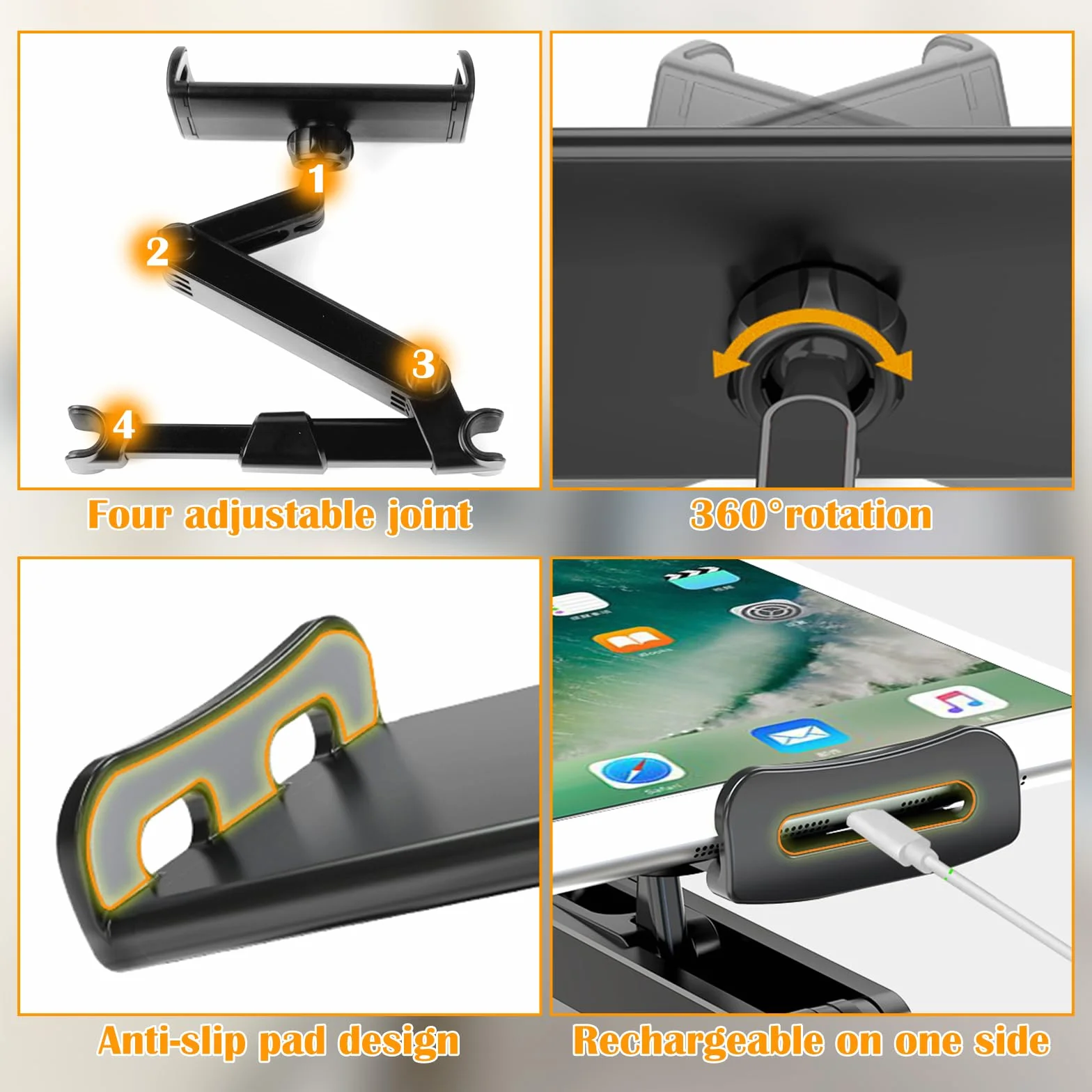 Soporte Tablet Coche Asiento Trasero, Soporte para Tableta en el Reposacabezas con Brazo Telescópico, Rotación 360°, Compatible con iPad, Switch, Móviles 4.7-13 Pulgadas, Negro