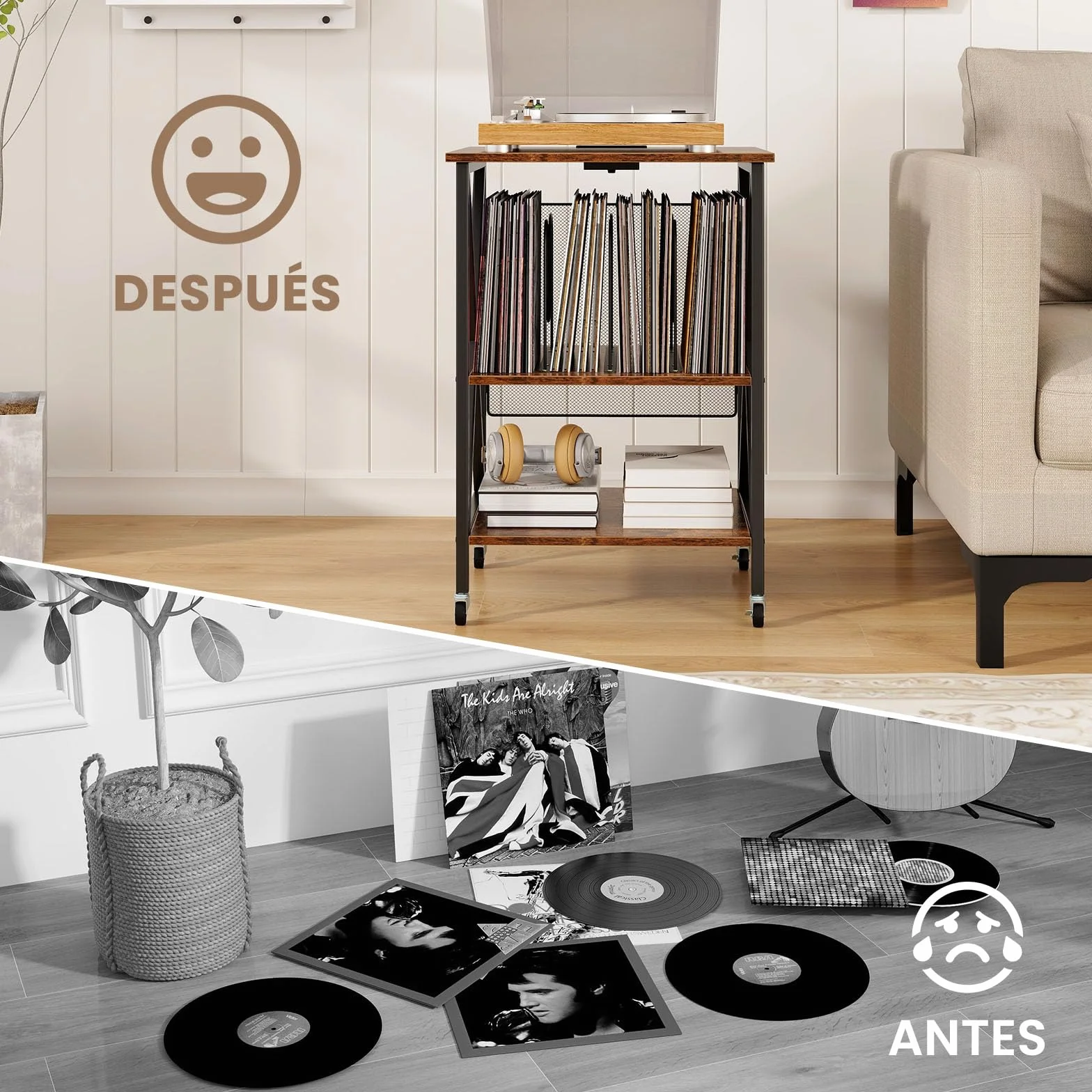GIANTEX Soporte para Tocadiscos con Estación de Carga, 52 x 45 x 75 cm, Mesa Auxiliar con Espacio para Almacenar Discos de Vinilo, con 4 Ruedas, Estantería de Discos para Salón, Dormitorio (Marrón)