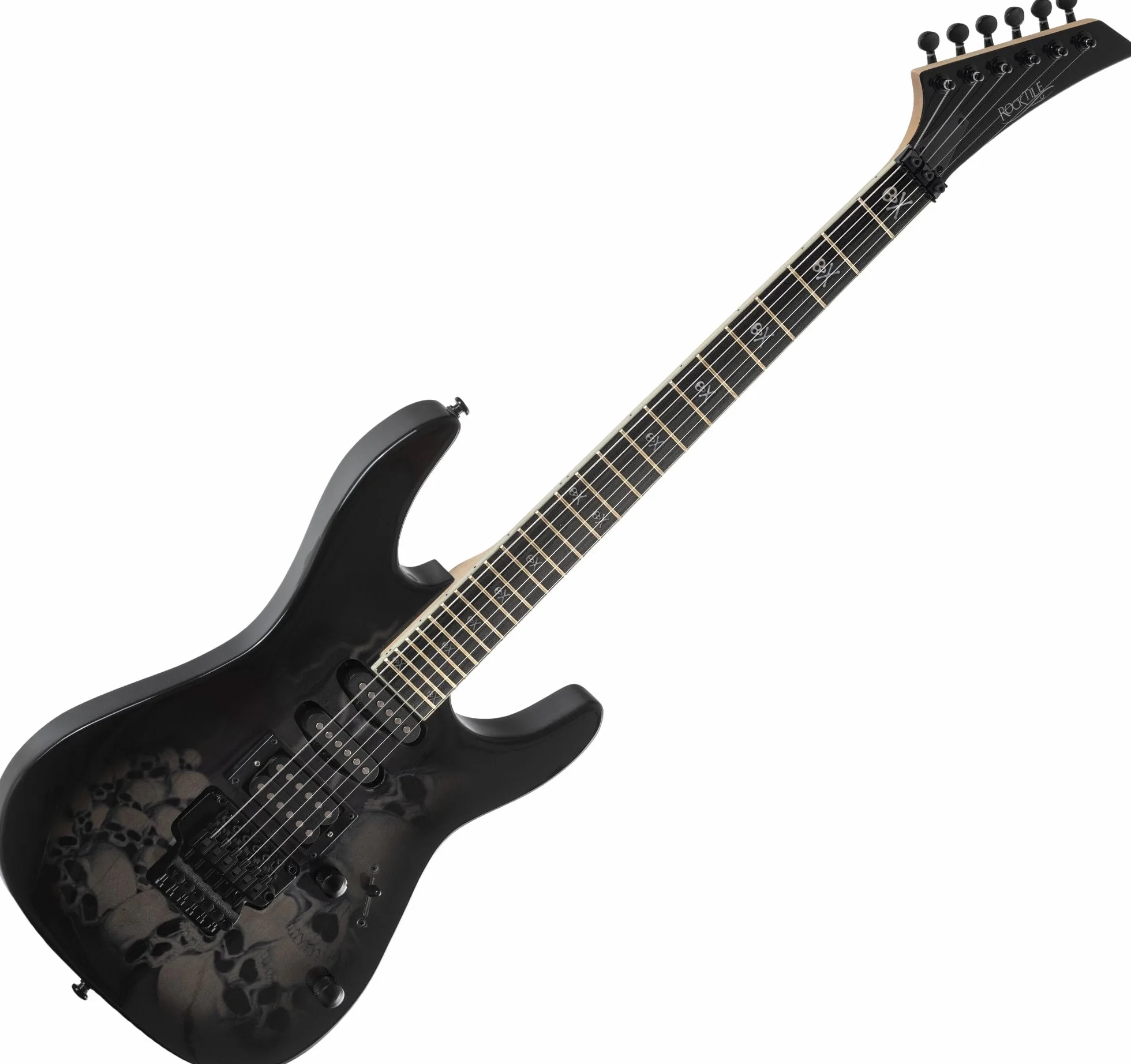 Rocktile Pro JK150-BSK Guitarra eléctrica 6 cuerdas ST-style, HSS, tremolo FR, 24 trastes jumbo, cuerpo tilo, mástil arce, accesorios incluidos. Negro con diseño Skull.