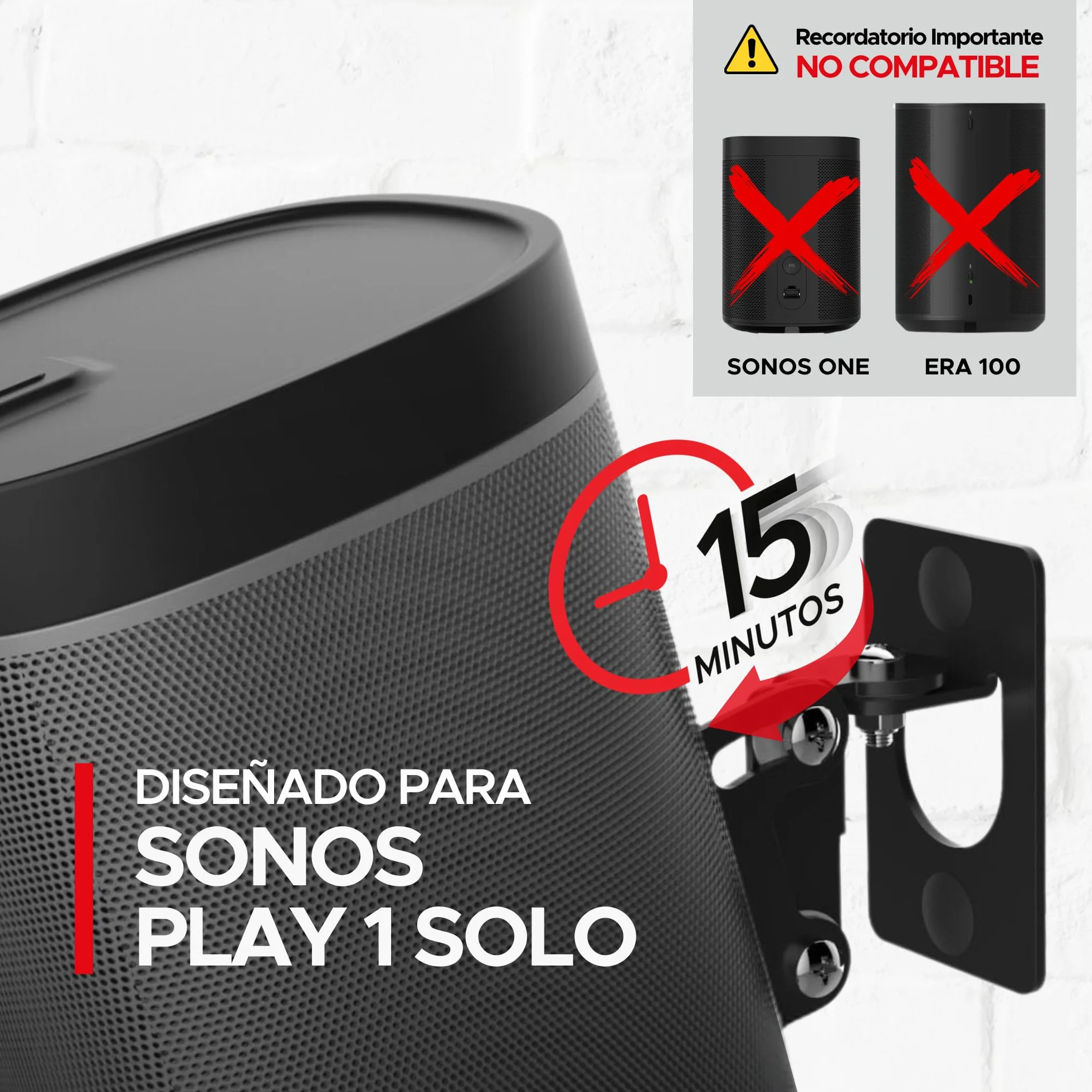 Soporte de Pared Sonos Play:1 Negro, Ajustable Giro e Inclinación