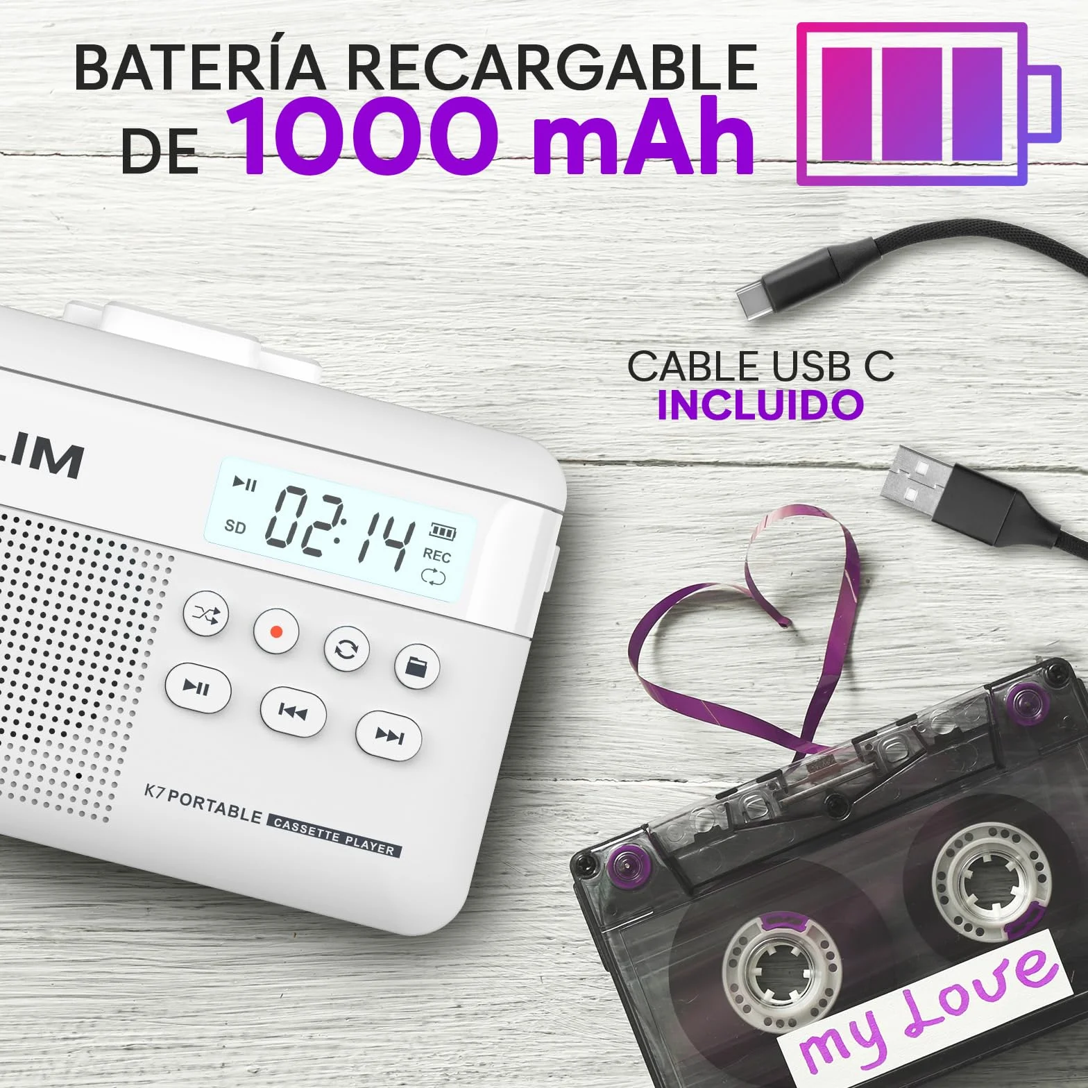 KLIM K7 Reproductor Cassette a MP3 Portátil con Micrófono y Altavoz Integrados Batería Recargable Tarjeta SD 16 GB Blanco