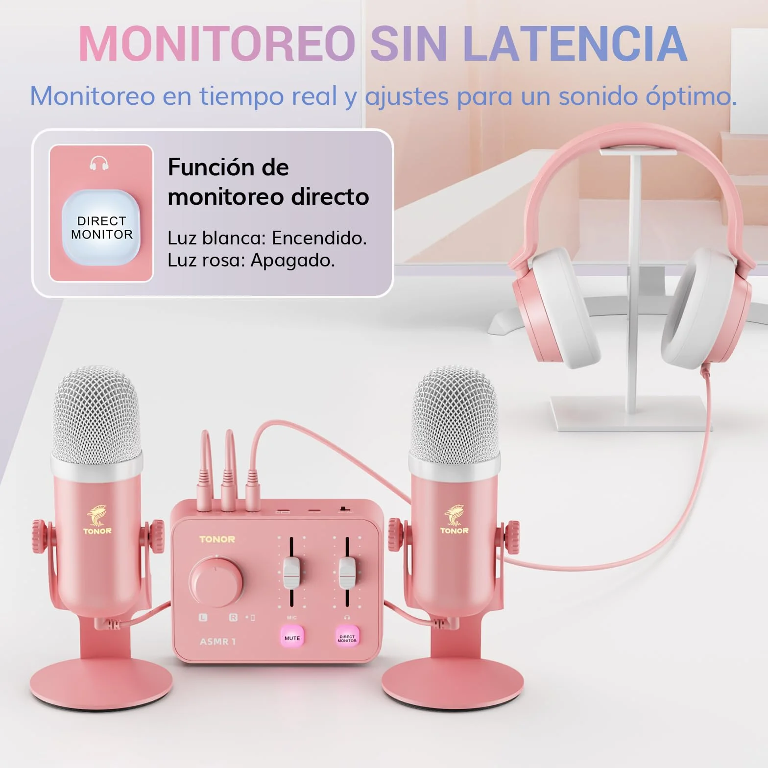 TONOR ASMR Conjunto de Dispos con Interfaz Audio, Micrófono Condensador de Doble Capacitor, Audio 3D Inmersivo, Calidad de Sonido Clara, Volumen Control, para Creación/Grabación/Podcast, Rosa