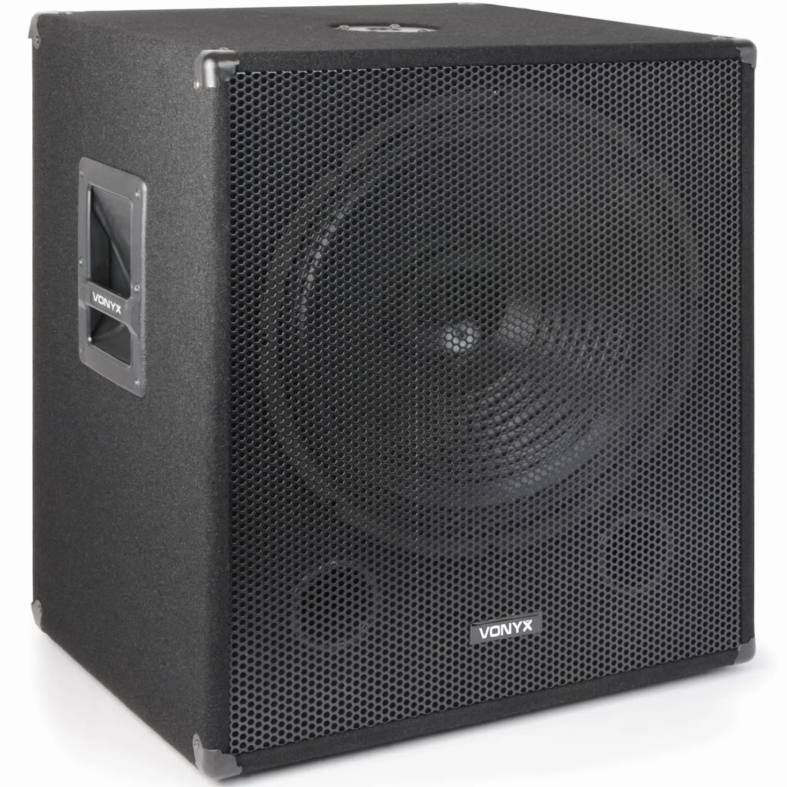Vonyx SWA18 Subwoofer PA Activo 46cm (18") (500W Potencia máx, Conectores XLR RCA, Brida Estándar, Bass Reflex, Asa Transporte), Subwoofer Activo para DJ con Soporte y Revestimiento de Fieltro Negro