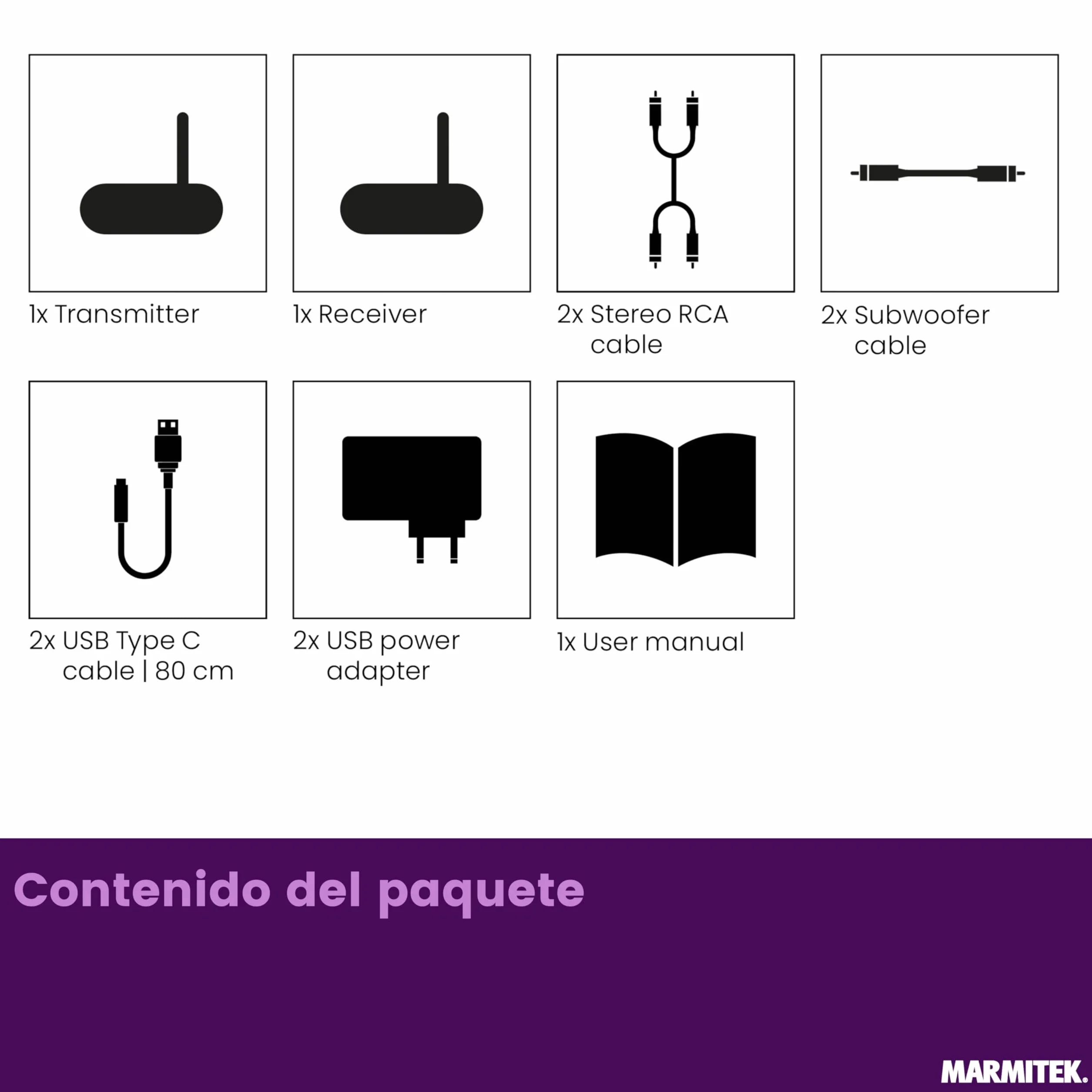 Kit subwoofer inalámbrico Marmitek Subwoofer Anywhere 640 - Sub Activo por LFE/Line - Transmisión Digital Estable, RCA Dorado, Auto Standby - USB-C