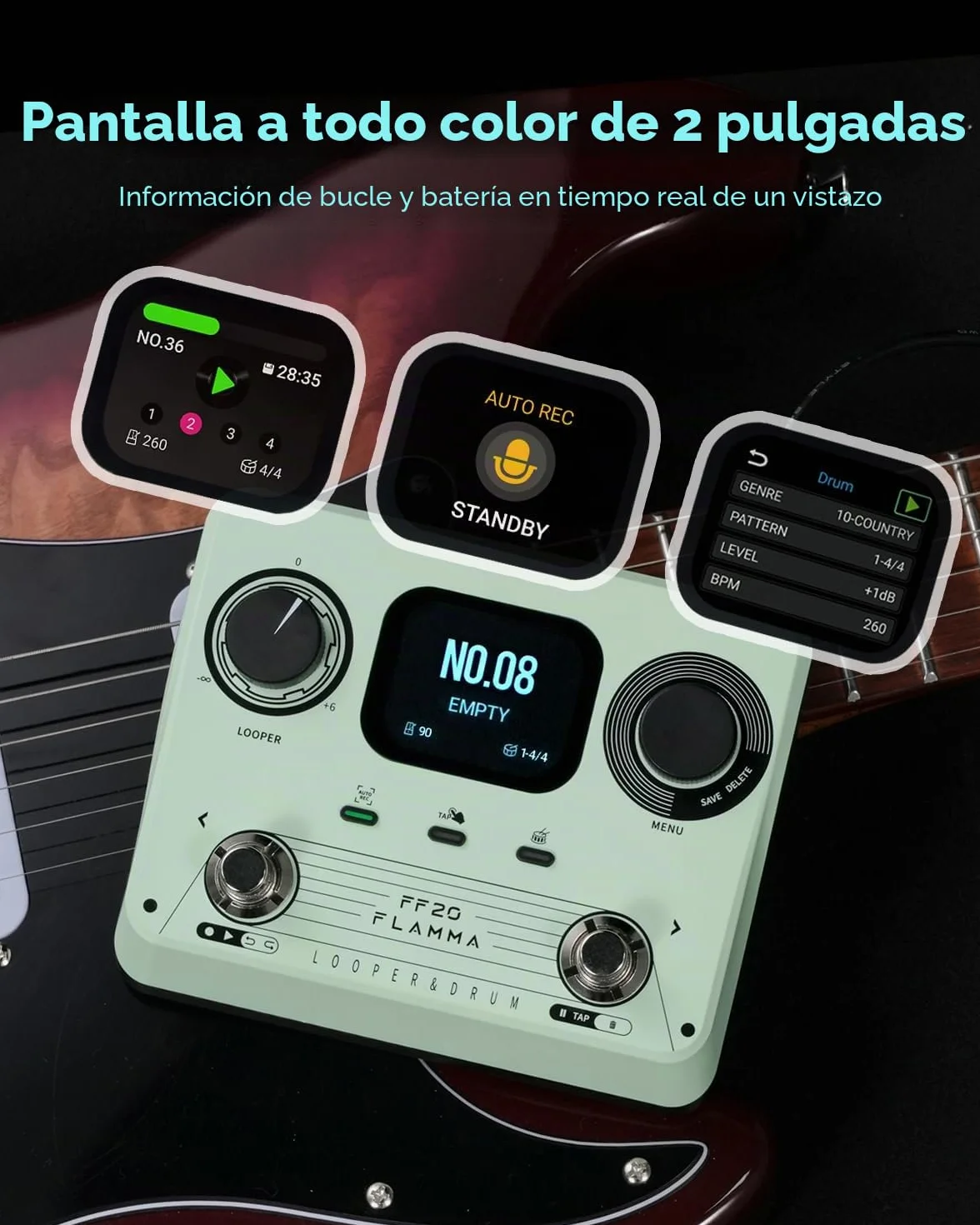 FLAMMA FF20 Looper Pedal Drum Machine, pedal de guitarra con pantalla, grabación de 300 minutos, 220 ranuras de tambor, 100 ranuras de bucle, estiramiento de tiempo, grabación automática, USB y salida